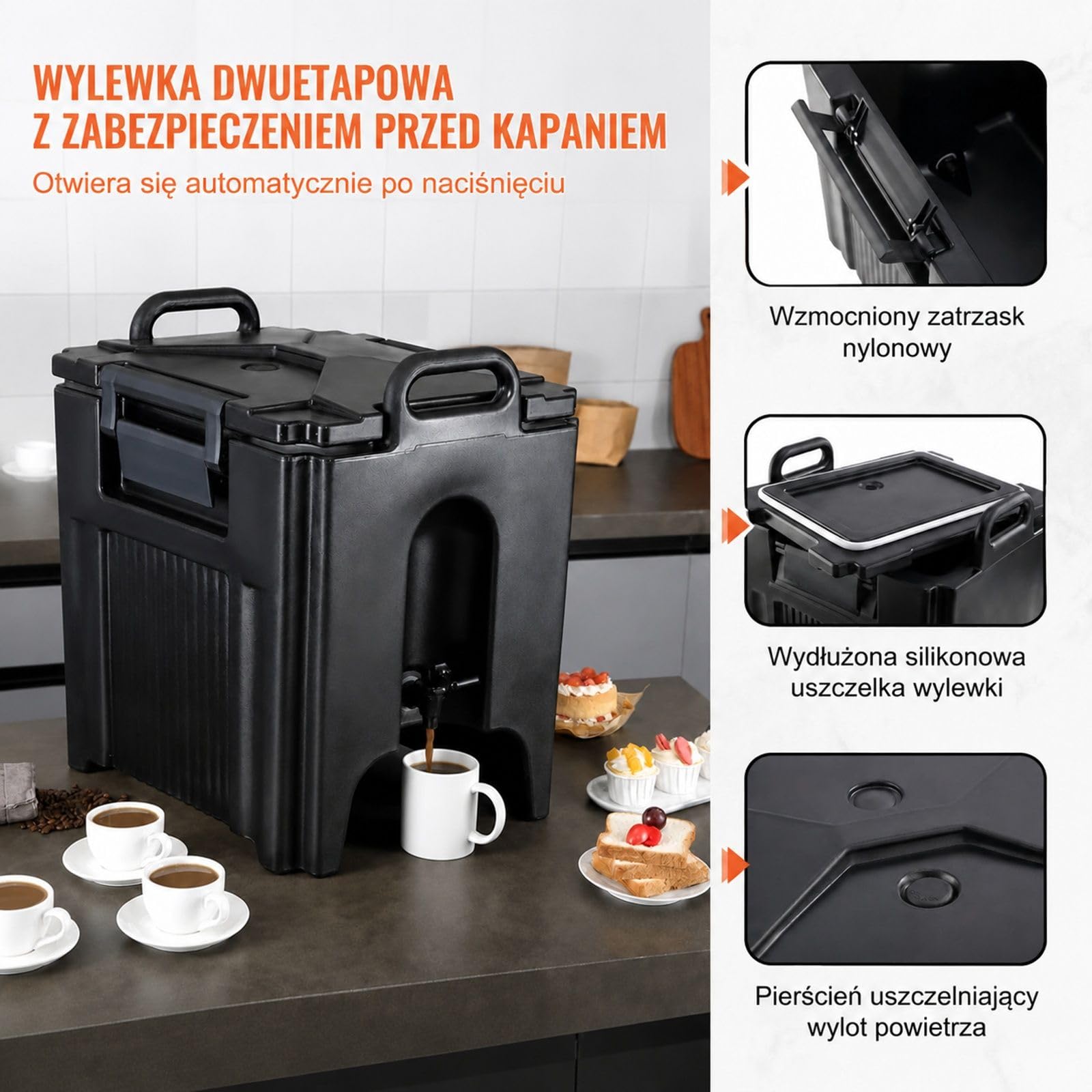 Dozownik napojów 37,6 l z LDPE, czarny pojemnik z kranikiem i uchwytami do kawy, mleka, wody i soku