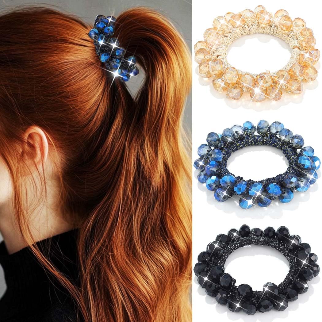 Reaky Rhinestone Hair Tie Blue Beaded Ponytail Holders Sparkly Fancy Hair Ties Hair Accessories for Women