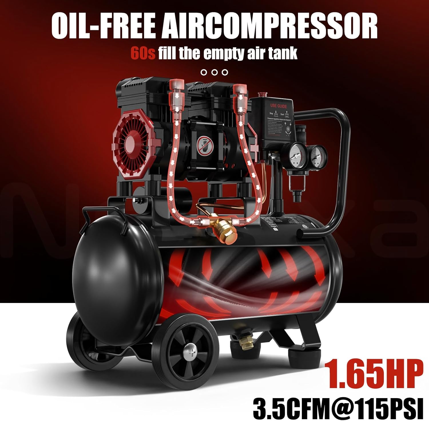 10 Gallon Ultra Quiet Air Compressor, Oil-Free Air Compressor Tank with Two Quick Couplers, 1.65HP 3.5 CFM@115PSI Pressure 70dB Electric Air Compressor for Woodwork Nailing, Garage, Auto Repair