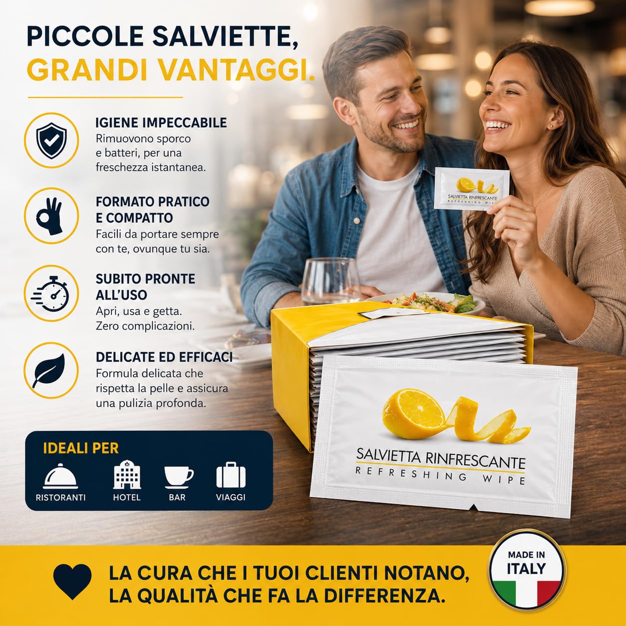 500 Salviette Umidificate Monouso Profumo (LIMONE) - Singolarmente Imbustate per Ristoranti, Hotel e Catering - Salviette Igienizzanti e Rinfrescanti per Mani e Viso