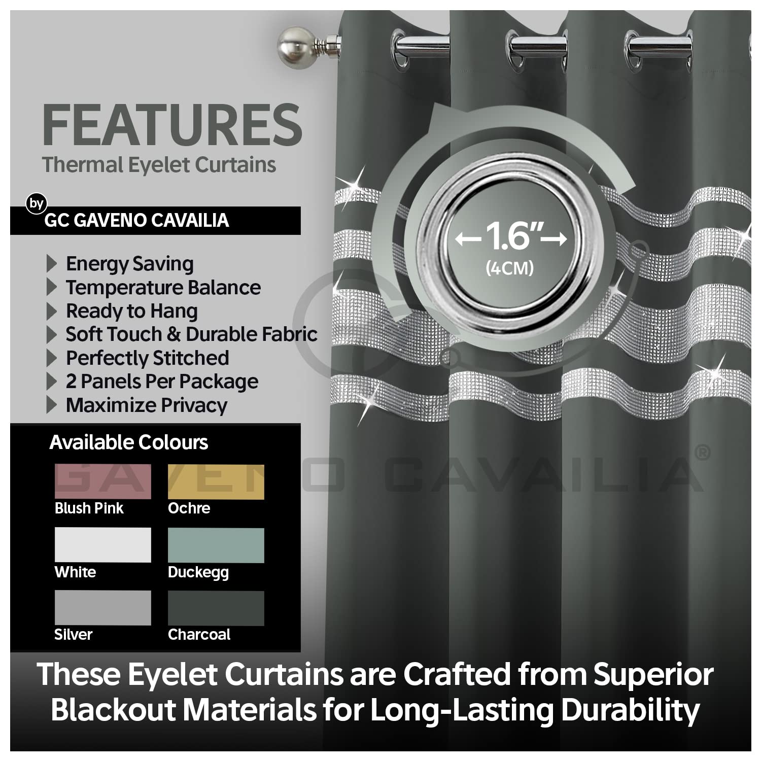 GC GAVENO CAVAILIA Kendal Diamante Blackout Curtain Pair, Eyelet Thermal Insulated Bedroom Curtains With Tie Backs, Charcoal - Image 3