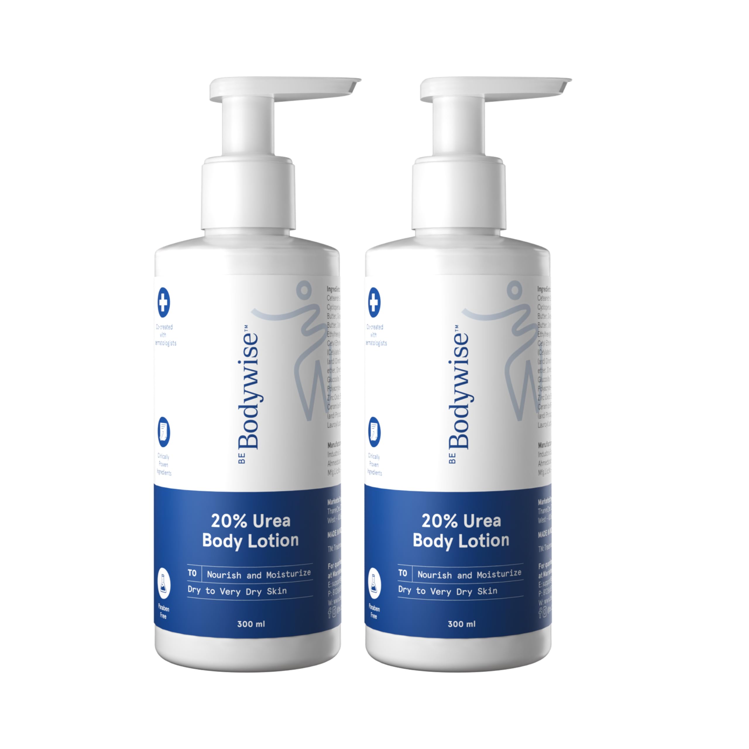Be Bodywise 20% Urea Body Lotion | 48 Hr Moisturization For Dry & Flaky Skin| Exfoliates & Repairs Skin Barrier | Ceramides, Kokum & Mango Seed Butter | Non-Greasy & Lightweight Formula | 300ml x 2