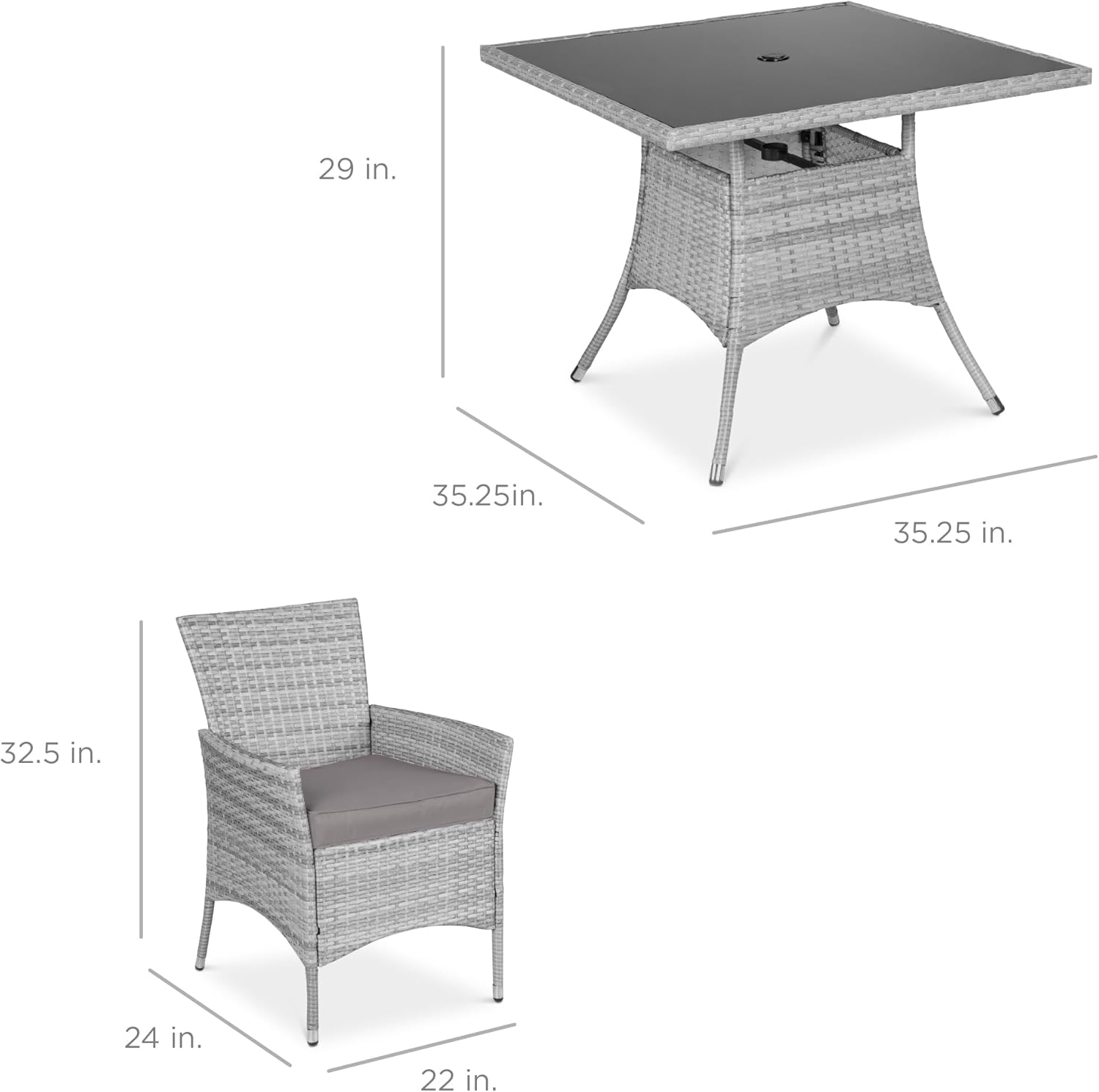 Best Choice Products 5-Piece Indoor Outdoor Wicker Dining Set Furniture for Patio, Backyard w/Square Glass Tabletop, Umbrella Cutout, 4 Chairs - Gray