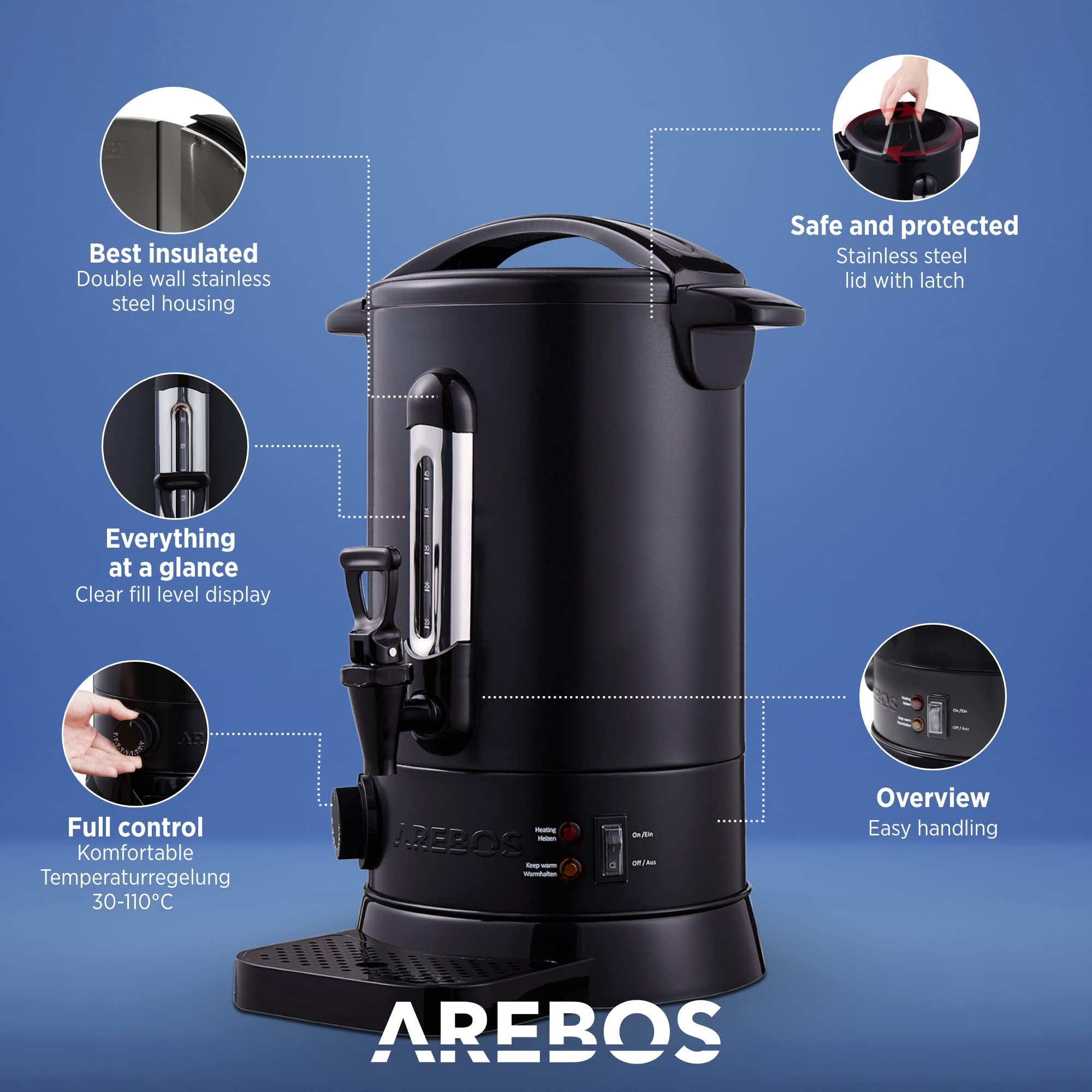 Arebos Dozownik gorących napojów 950W | Bojler na wodę 8,8L 40 filiżanek | Czajnik do gorącego wina ze stali nierdzewnej | Podgrzewacz do kawy herbaty | Termostat | Regulacja temperatury 30-110°C
