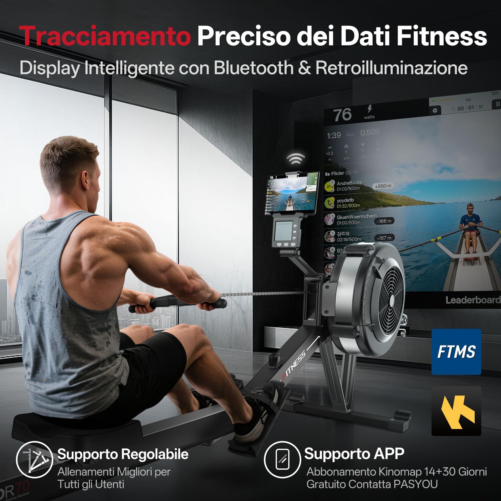 PASYOU Vogatore per Casa, Vogatore ad Aria Professionale con Bluetooth e Kinomap, Vogatore di Livello Commerciale per uso Domestico con LCD Display Intelligente, Capacità di Peso 160 KG