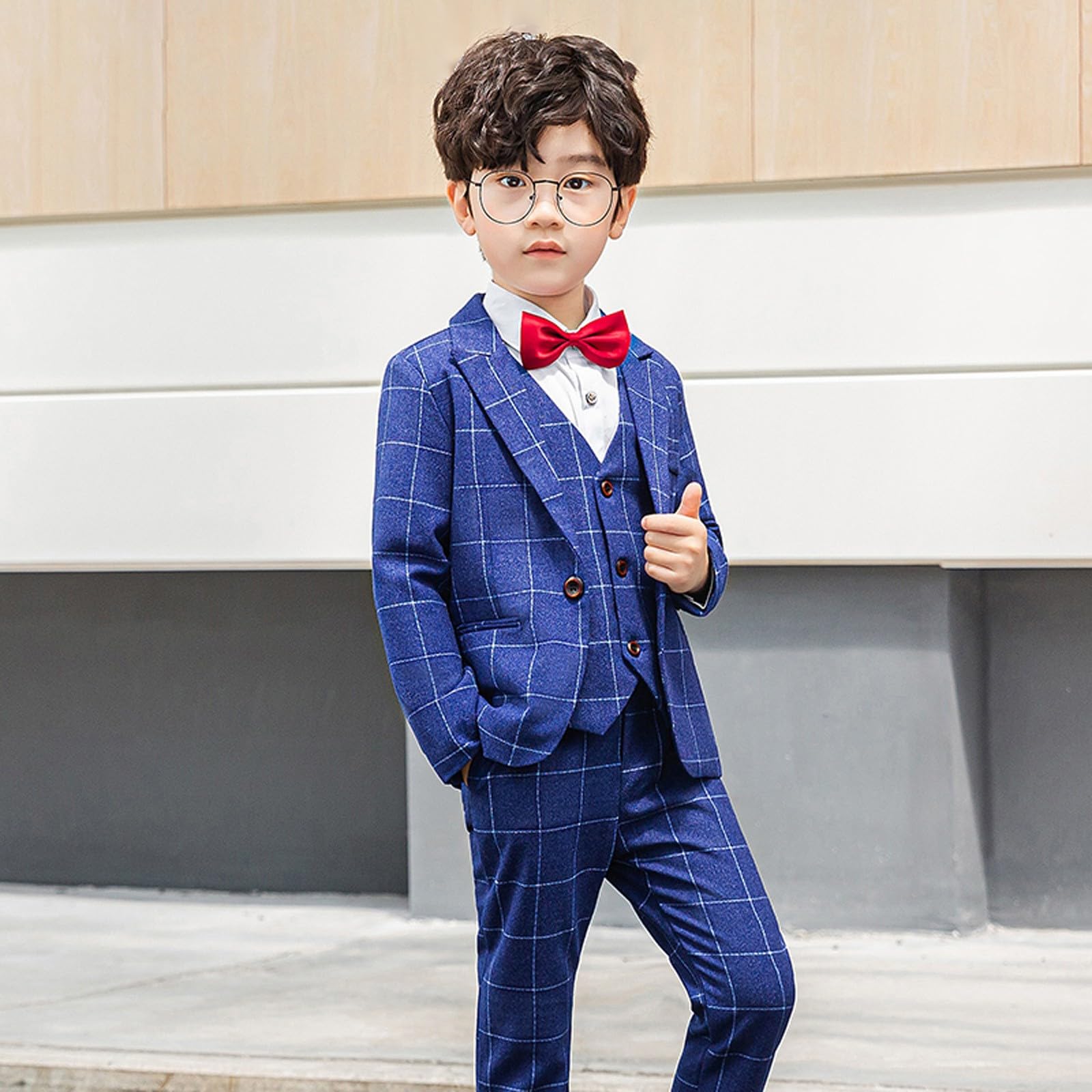 Generico 2026 Gilet Scozzese Autunno Inverno per Ragazzi Tre Pezzi Elegante Giacca con Gilet Pantaloni Cravatta Gentiluomo Outfit Quotidiano Scolastico