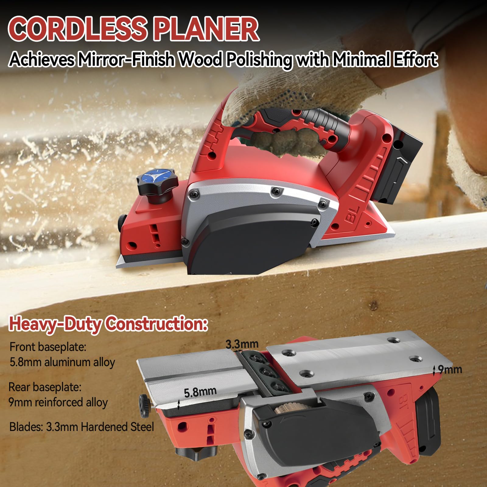 Pianatrice elettrica senza fili per legno compatibile con la batteria Milwaukee 18V, 15000RPM Pianatrice elettrica senza spazzole per la lavorazione del legno (Red)