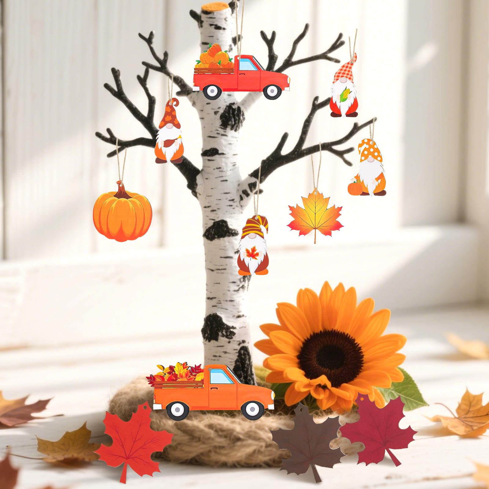 24-teiliges Holz-Deko Set Herbst - Kürbisse, Gnome & Ahornblätter Für Fenster & Tisch