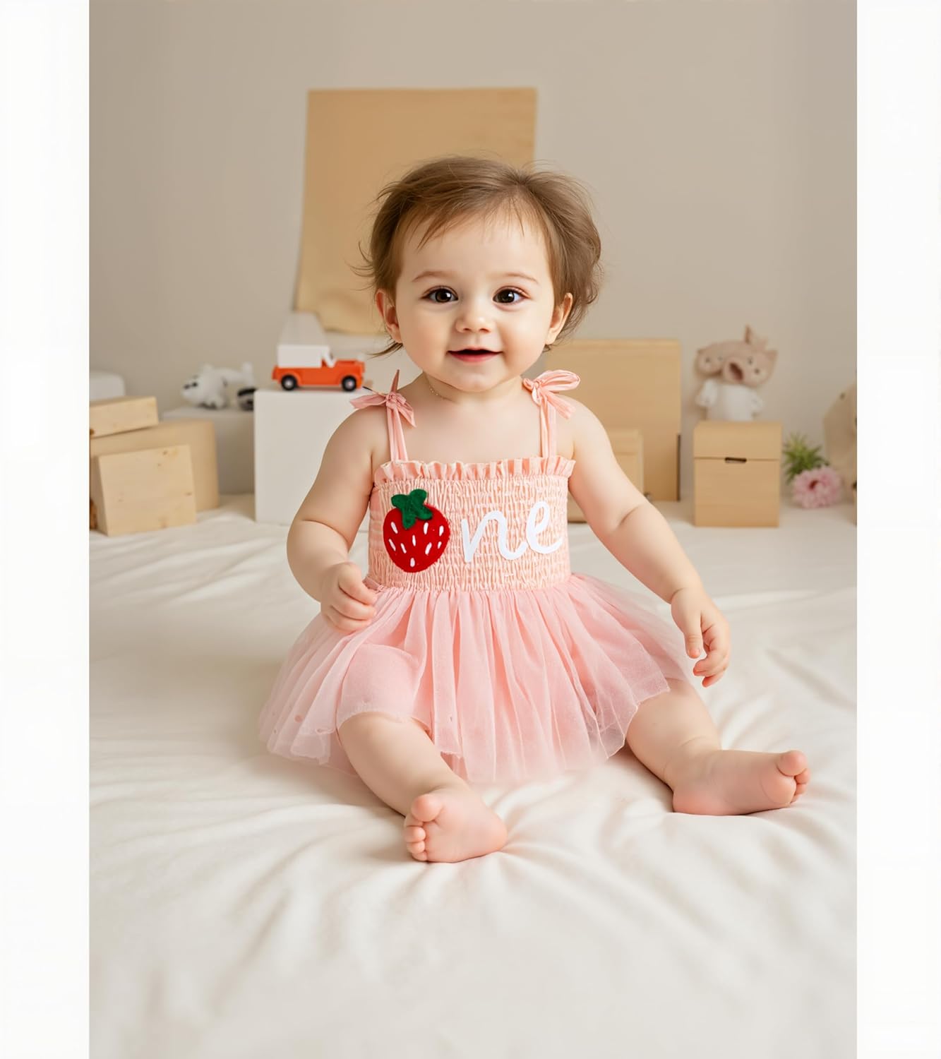 Baby Girl First Birthday Outfit Summer Sleeveless Smocked Fairy Berry One Romper Tulle Dress + Headband - Image 6