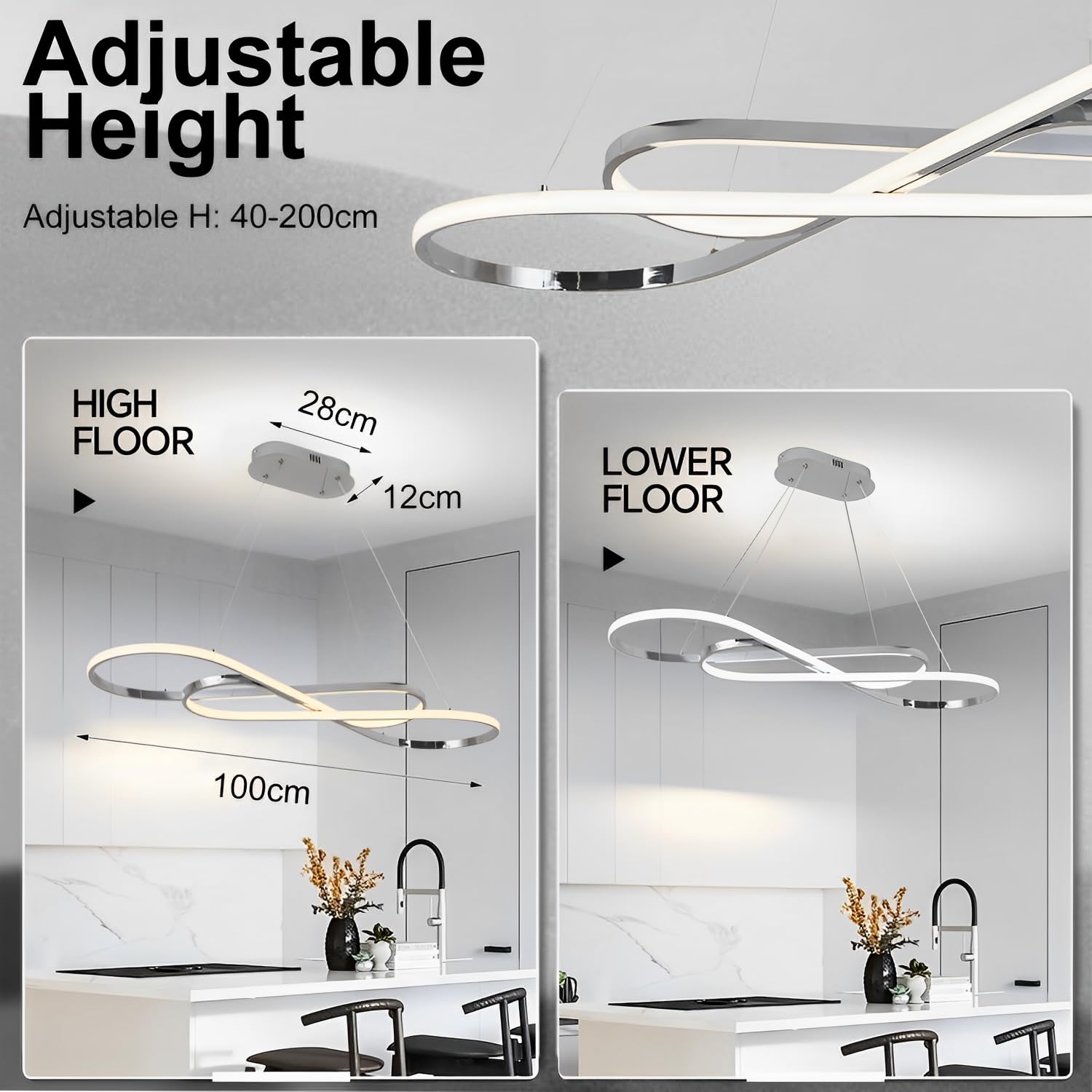 57W Lampada a Sospensione LED, Design Surround Doppio 8, Cromato | Lampadario LED Dimmerabile, Plafoniera con Telecomando, Lampadari Altezza Regolabile, Per Tavolo da Pranzo, Soggiorno, Cucina