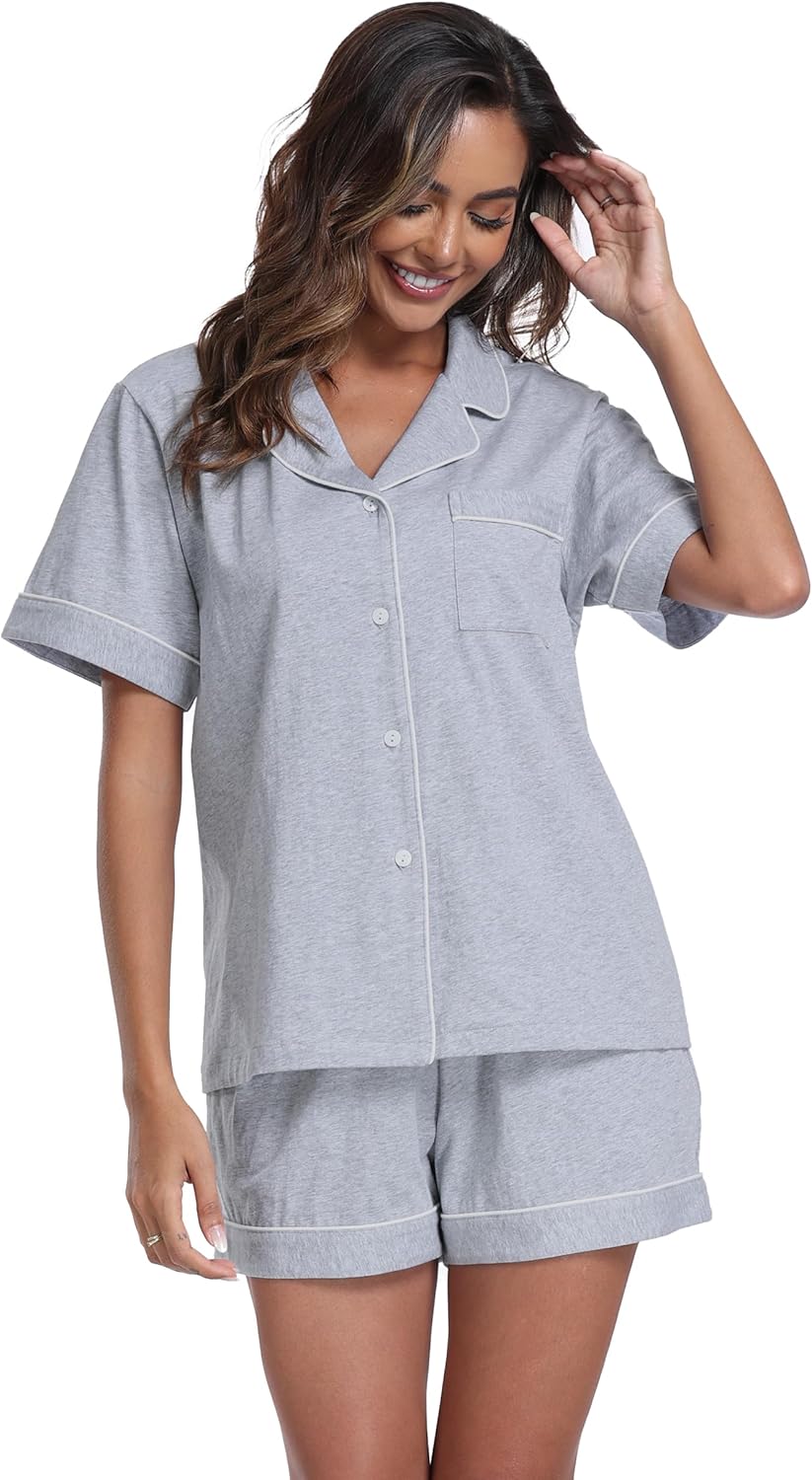 ANLIQI Womens Pajama Sets 100% Cotton Pajamas for Women Soft Short Sleeve Pj Sets Button Down Sleepwear Summer Pjs S-XXL - Image 8