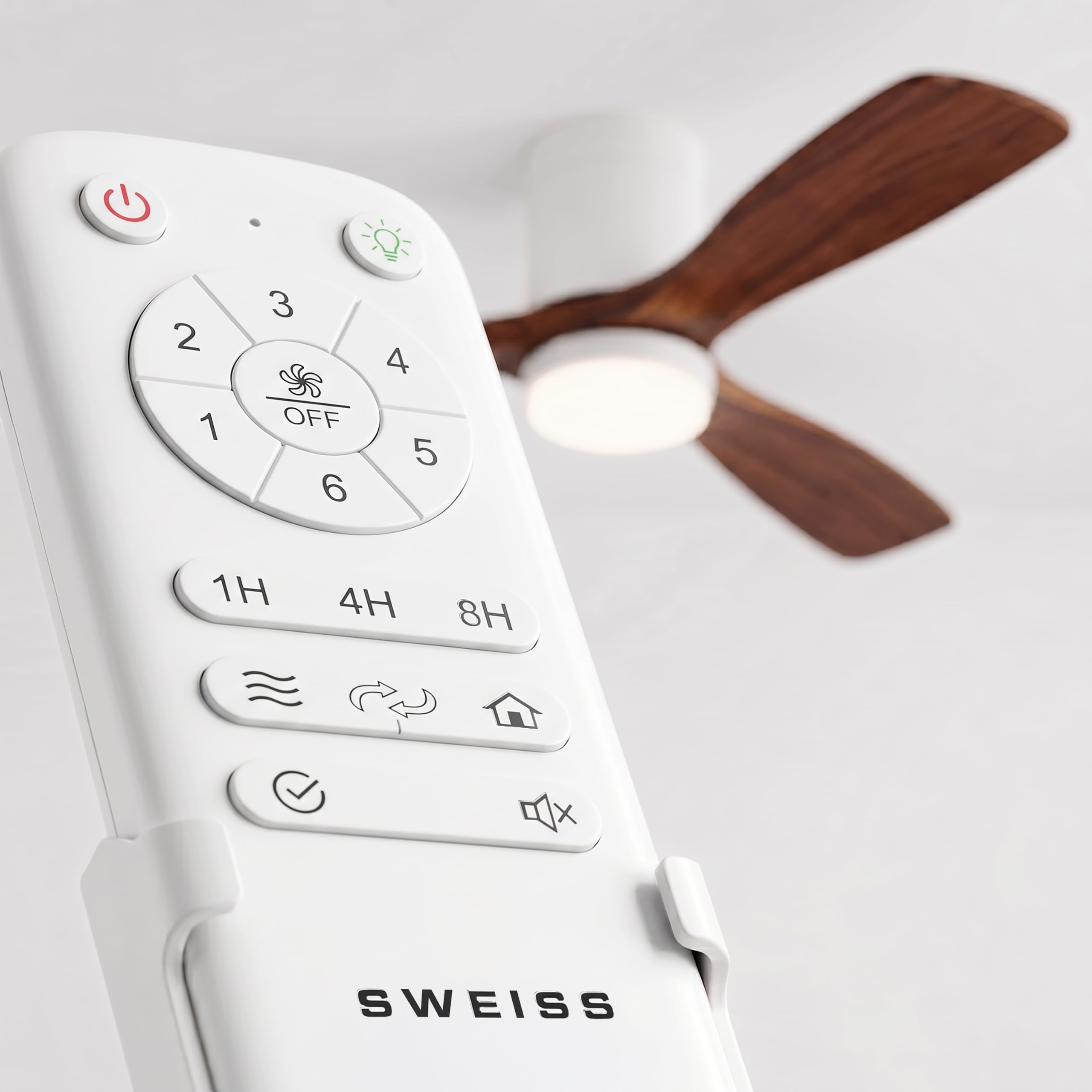SWEISS Ventilador de techo FLOW26, 132 cm, Iluminación integrada, 40 W, 6 velocidades de ventilación, 3 temperaturas de luz, control remoto, temporizador 8 h, función verano/invierno, 3 aspas ABS