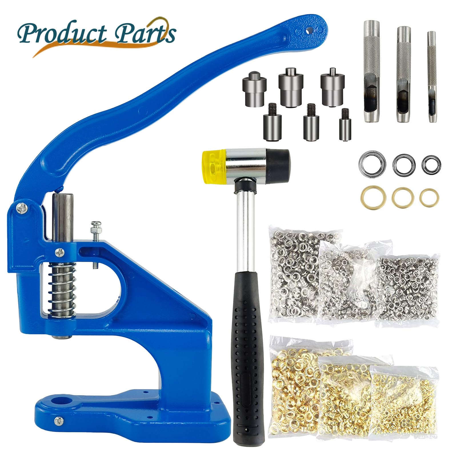 Kit di 3000 occhielli a pressione manuale (6 mm, 10 mm, 12 mm) con 3 fustelle (#0, #2, #4) - Strumento per punzonatura per occhielli, per tessuto, pelle e artigianato - Include copertura per manico e