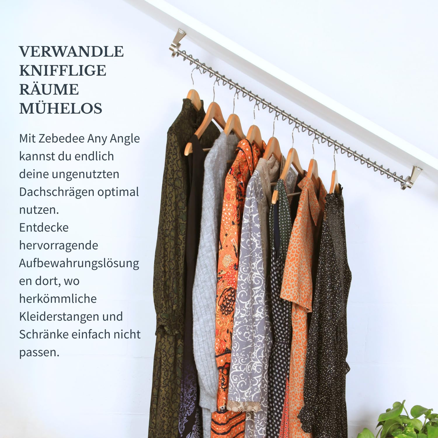 Zebedee Any Angle – Geneigte Kleiderstange für schräge Schlafzimmerschränke im Dachgeschoss, unter Dachvorsprüngen, schräge Dachdecken, Stauraum unter Treppen (700 mm)