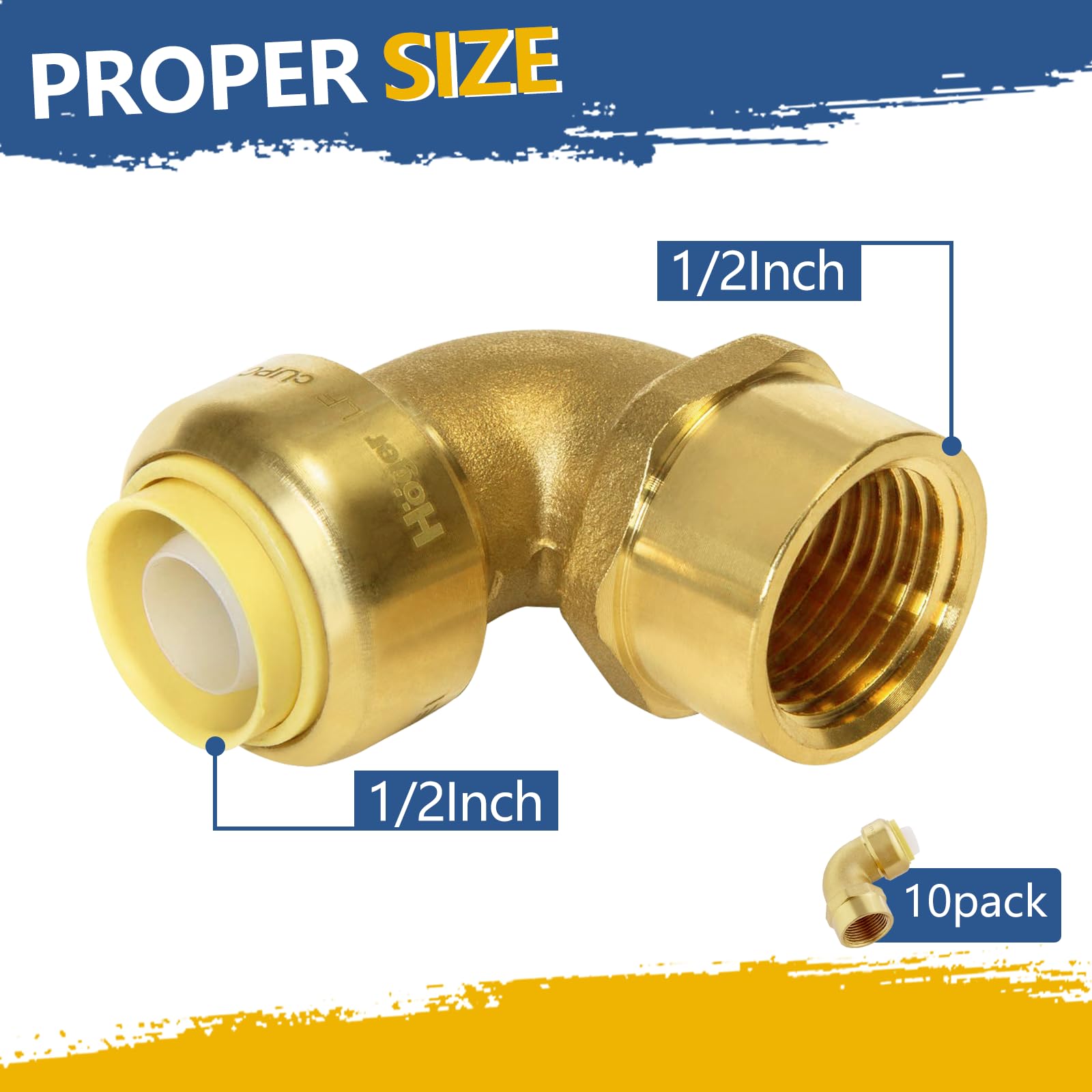 Codo hembra de ajuste a presión, codo roscado hembra FNPT de 1/2 x 1/2 pulgada con clip de desconexión, accesorios de empuje para tubería de cobre, PE-RT, CPVC (paquete de 10)