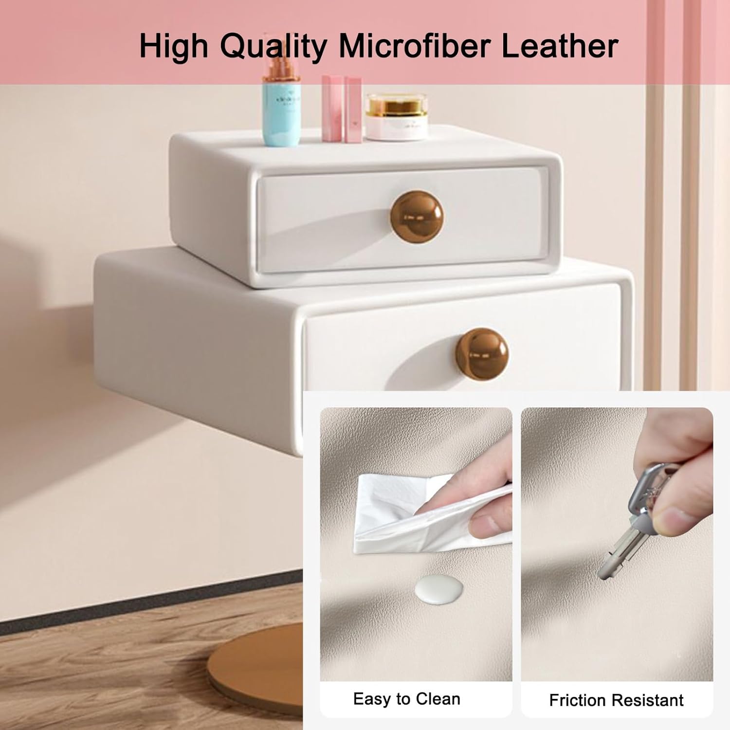 Wood Nightstand with 2 Drawers, Bedside Cabinet with 12 Colours, Microfiber Leather Wrap Side Cabinet, Bedroom Bedside Table, Living Room Furniture (Color : Off-White, Size : 40cm)