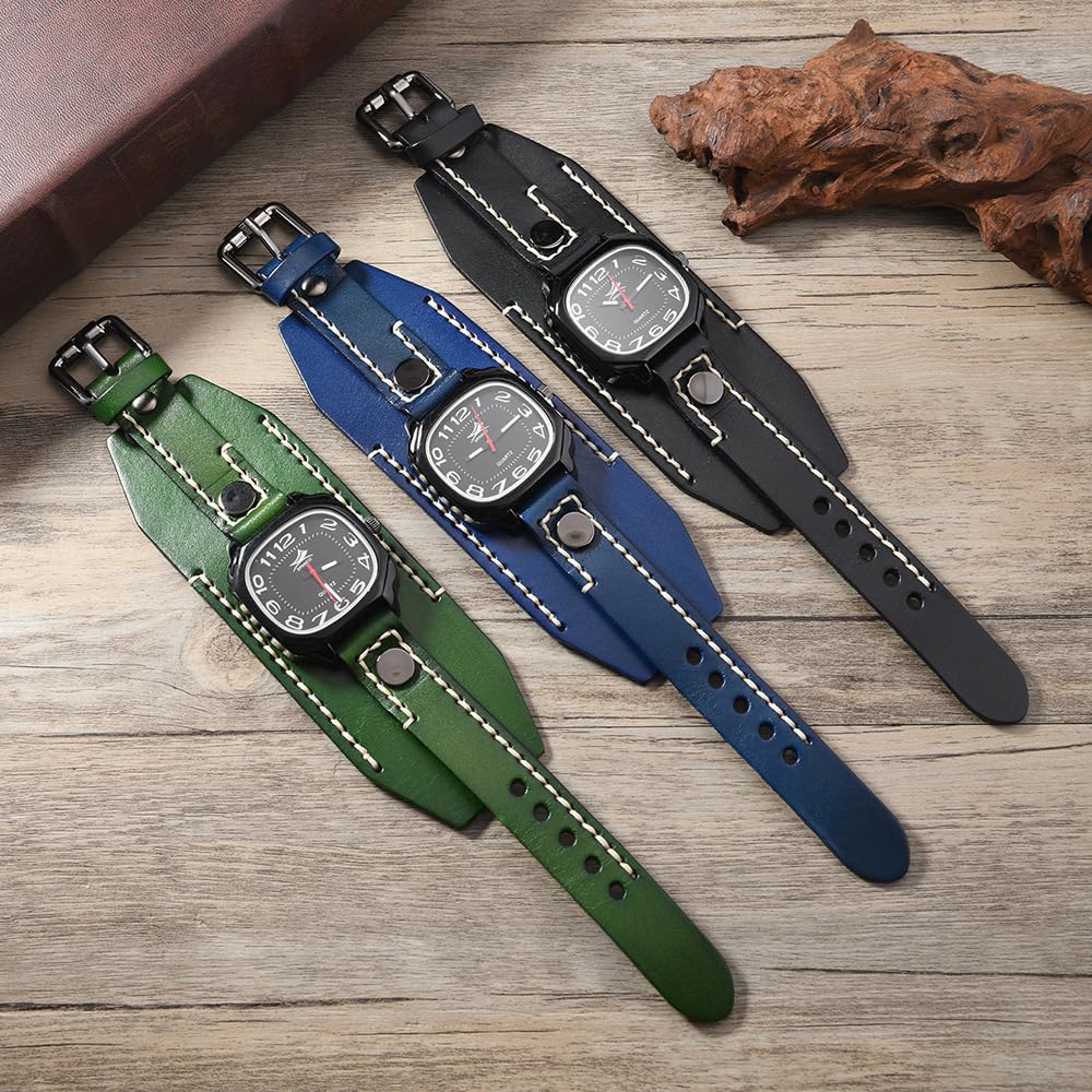 MINILUJIA Reloj para hombre hecho a mano con cuerda de cera cosida, vintage, punk, hip-hop, gótico, ancho, cuero suave, reloj Suqare de cuarzo, esfera grande
