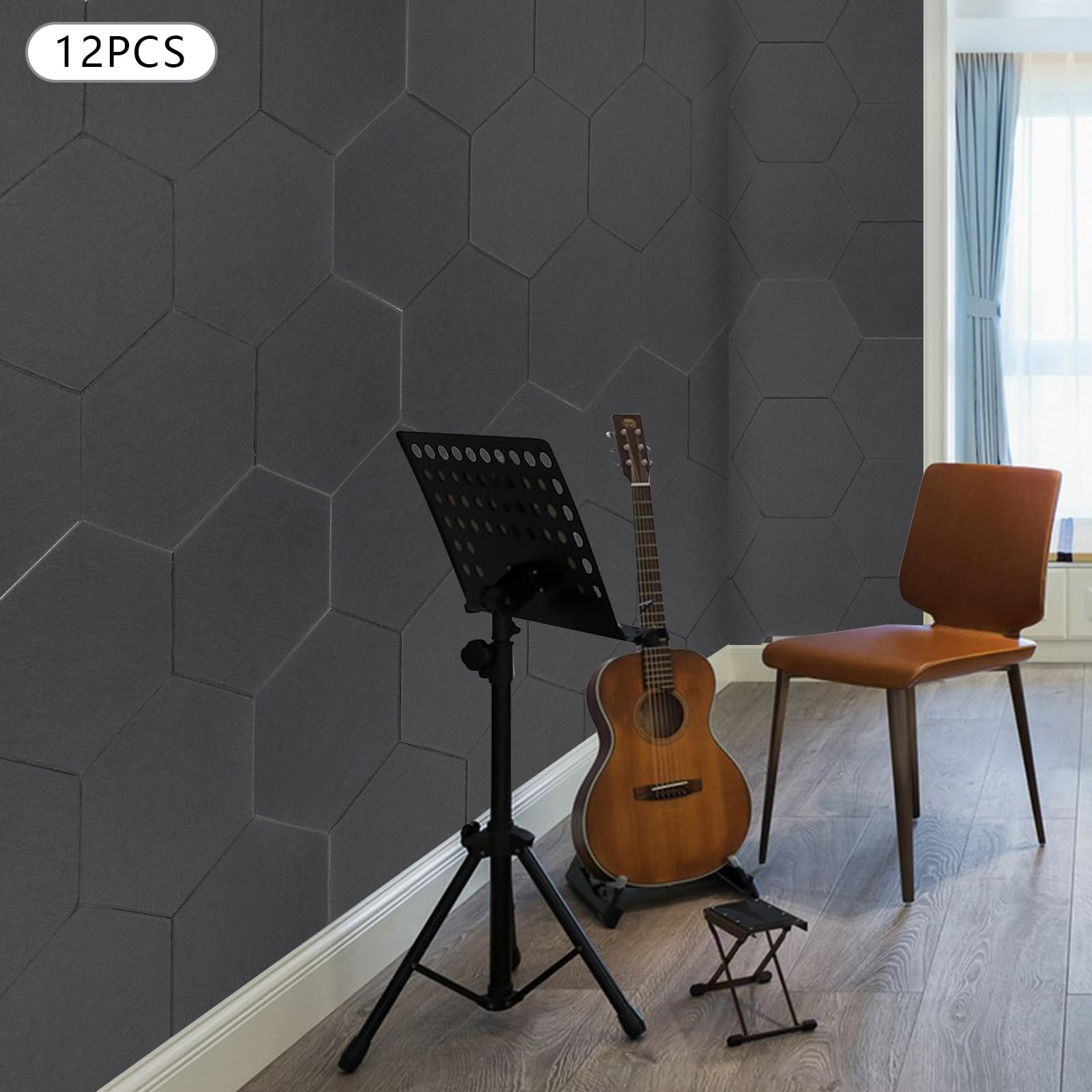 Lot de 12 plaques acoustiques en mousse insonorisée, hexagonales, autocollantes, 30 x 35 cm, convient pour le bureau, la chambre à coucher, la salle de musique, etc