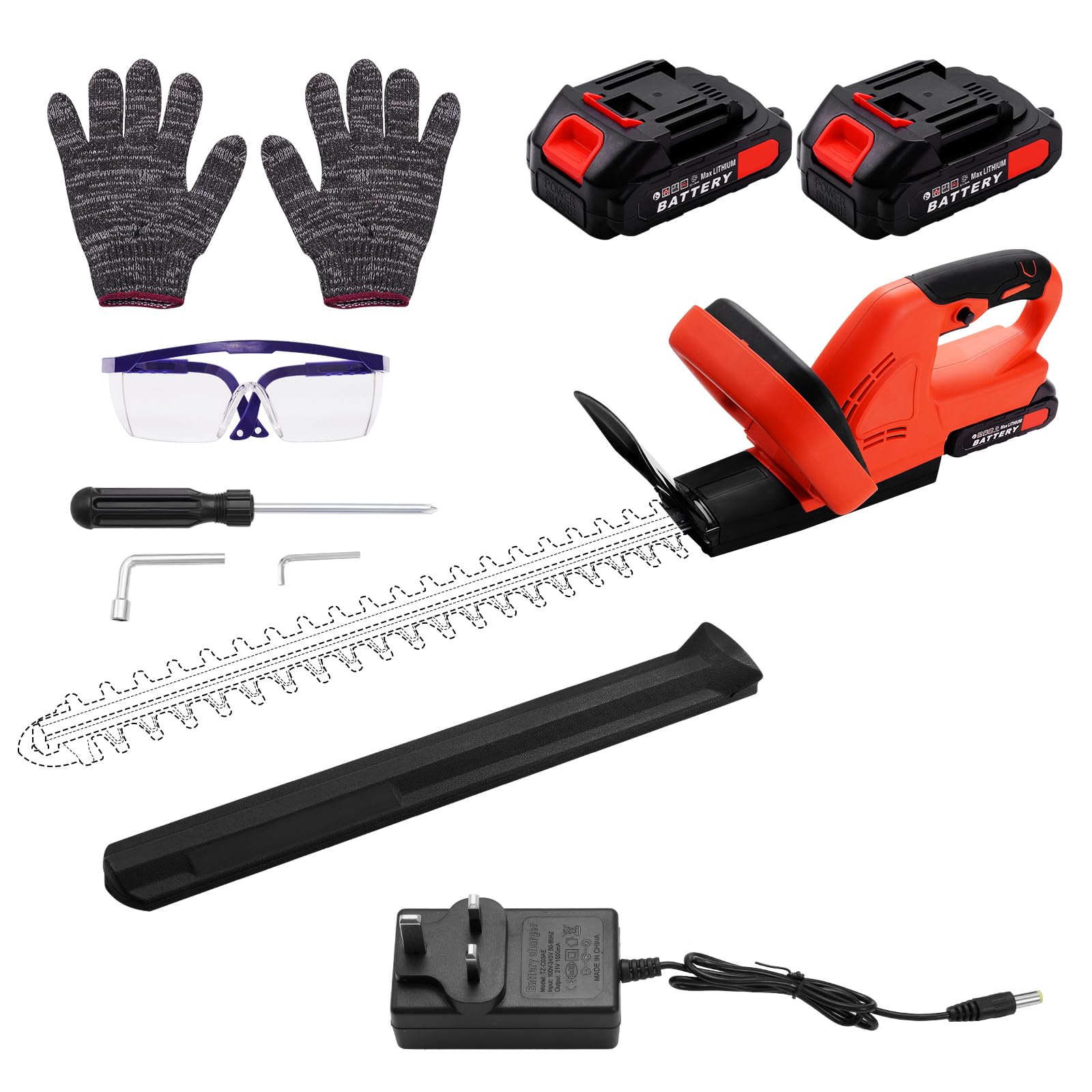 Cortasetos Inalámbrico 21V, Cuchilla Doble SK5 51cm, Corte 13mm, Cortasetos Eléctrico con 2 Baterías y Kit de Seguridad para Setos y Arbustos