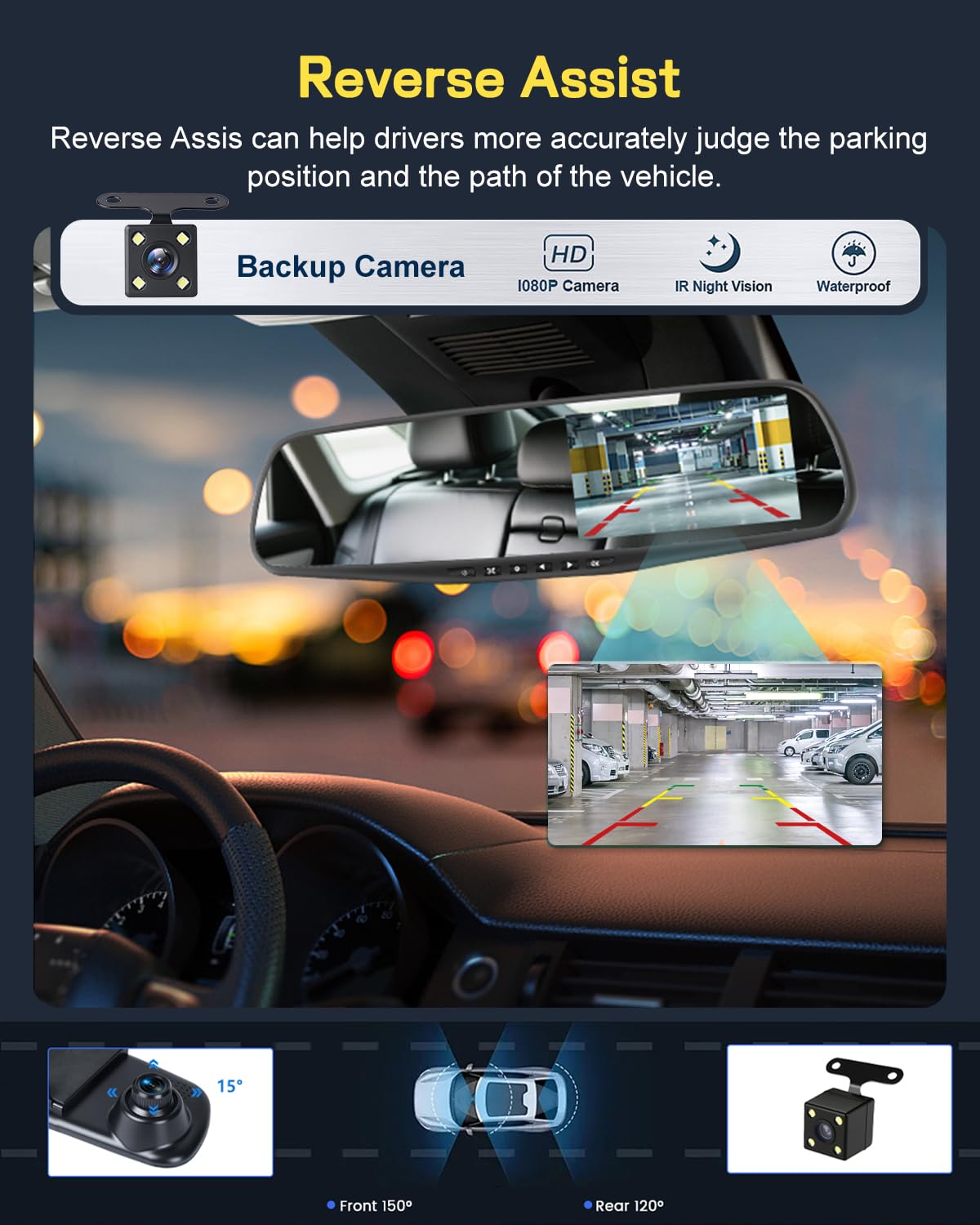 NHOPEEW 1080P Dash Cam con specchio e schermo da 4,5 pollici - Telecamere anteriori e posteriori Supporta registrazione in loop Controllo dell'esposizione della linea di retromarcia Visione notturna