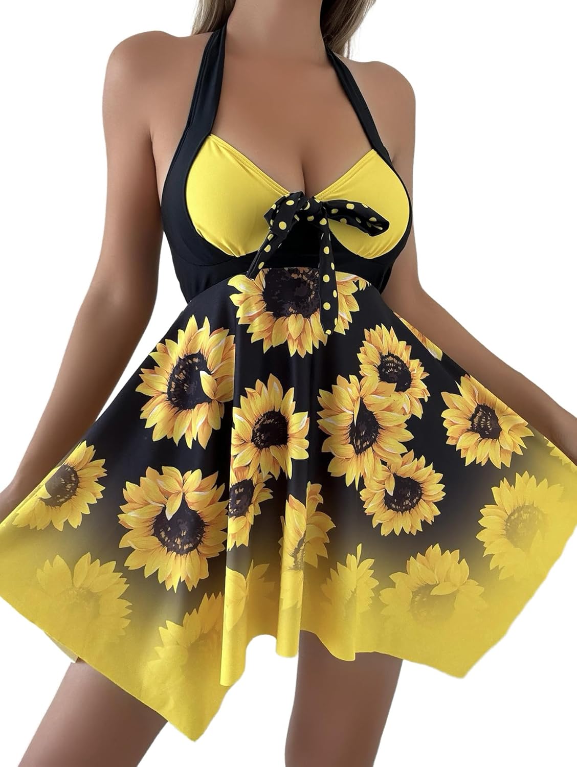 Wellwits Women's Halter Gradient Sunflower Print Swimdress Tankini Swimsuit