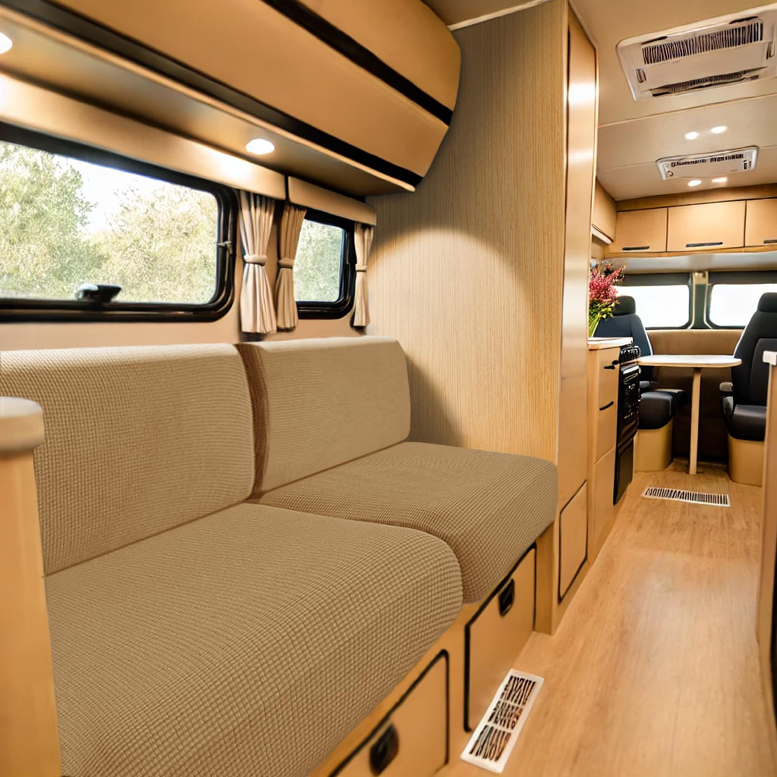 SYLC Caravan Seat Cover Stretch Jacquard, Non-slip RV Dinette Cushion Covers with 2 Straps, Couch Cushion Covers for Camper Sofa Bench (Mustard,W 155-185 cm, D 85-105 cm)