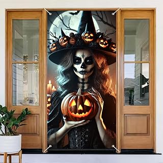 Halloween Door Banner Cover 35x71 Inch Pumpkin Skeleton Face Door Backdrop Gothic Candle Decor Spooky Haunted House Entrance Poster for Trick or Treat Party Wall Hanging