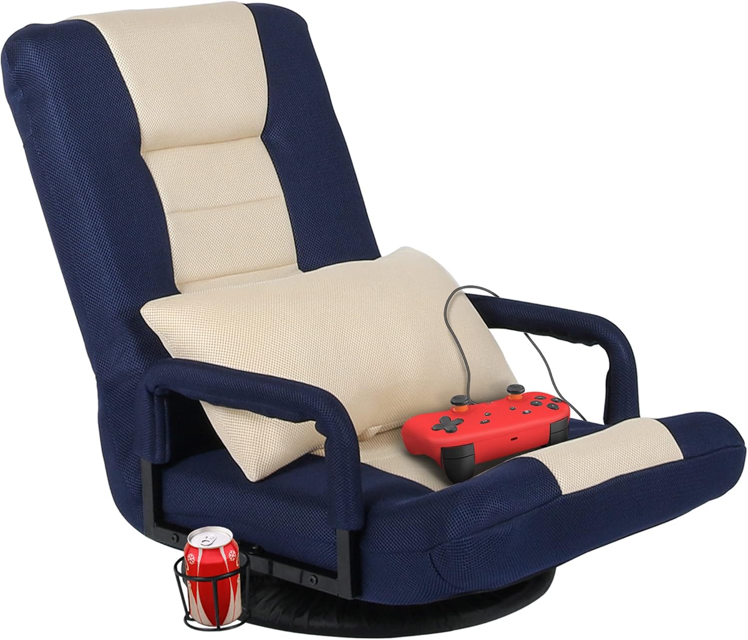 STHOUYN 360-Degree Swivel Gaming Recliner Floor Chair Video Game Chair Armrest, Comfy 6-Position Foldable Adjustable Backrest Blue and Ivory (Blue)