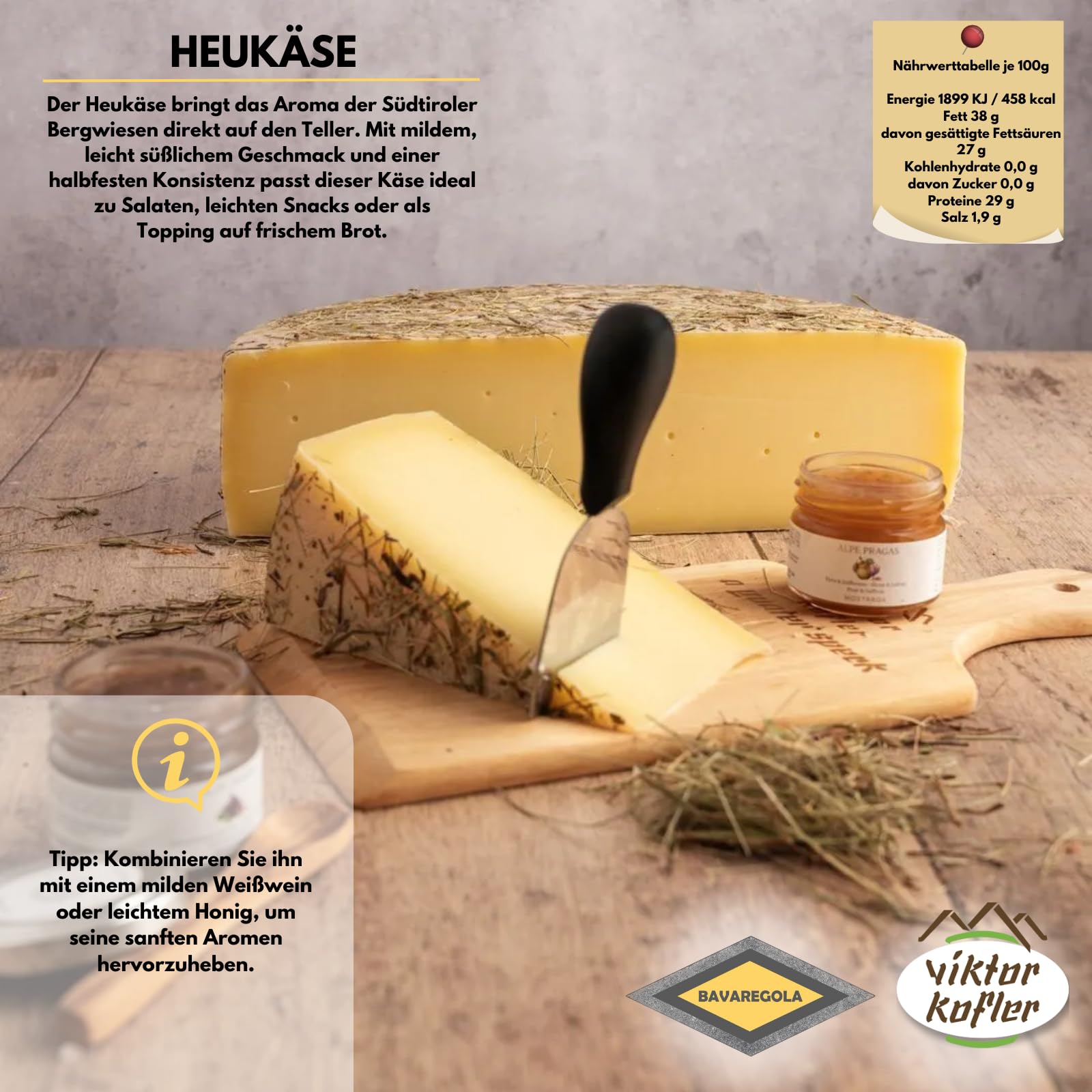 BAVAREGOLA Südtiroler Käse Geschenkekiste - Präsentkorb mit 5 Käsevariationen, Feigensenf & Schüttelbrot