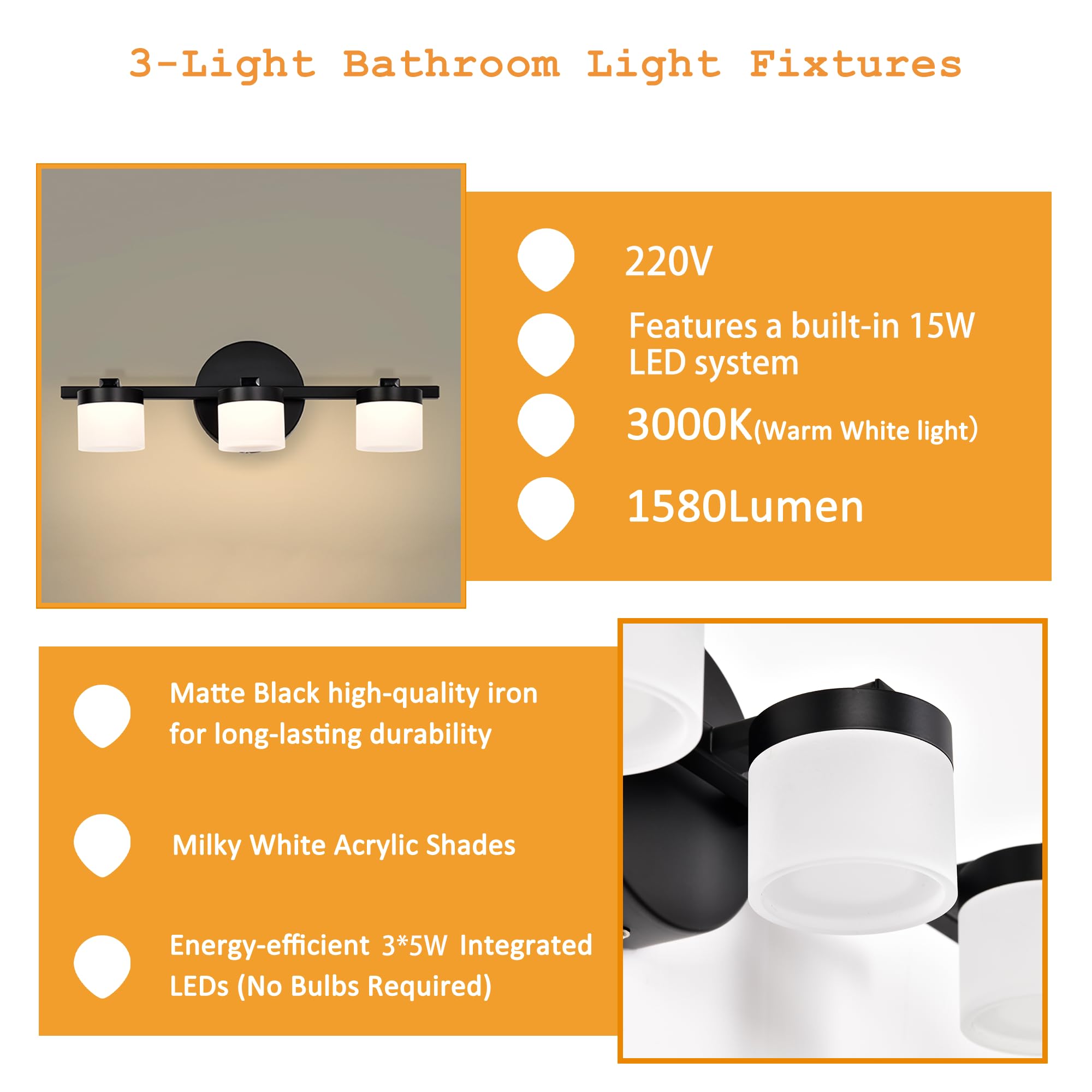 Alighting Moderne 3-flammige LED Badezimmer Wandleuchte in Schwarz – 40 cm breit, mit 3000K warmweißem Licht & satinierten Acrylschirmen, ideal für Spiegelbeleuchtung