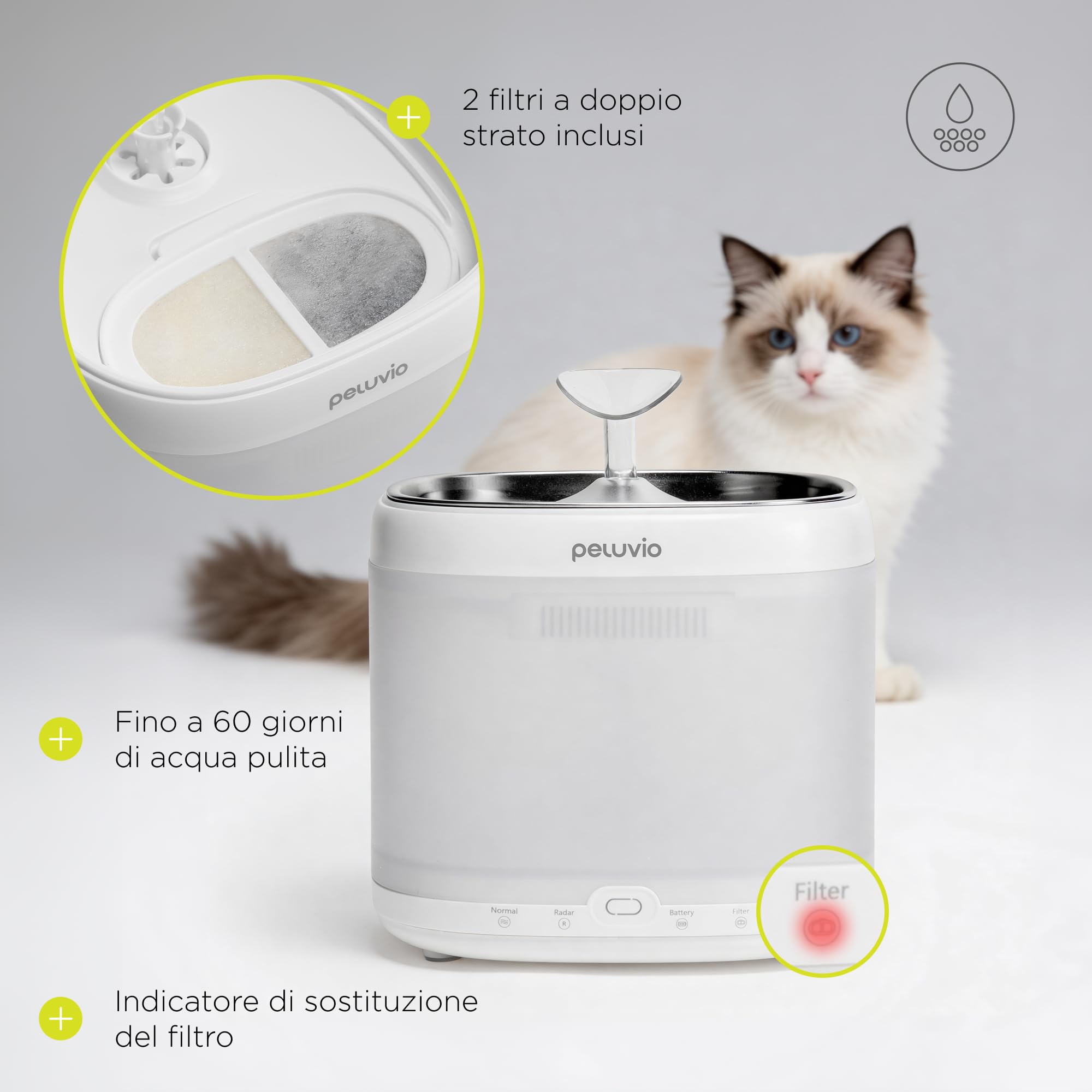 Rillan Fontanella d'Acqua per Gatti da 2 L | Fontana per Gatti con Filtro Carbone e Doppia Alimentazione USB e Batterie Facile e Rapida da Pulire, Igienica