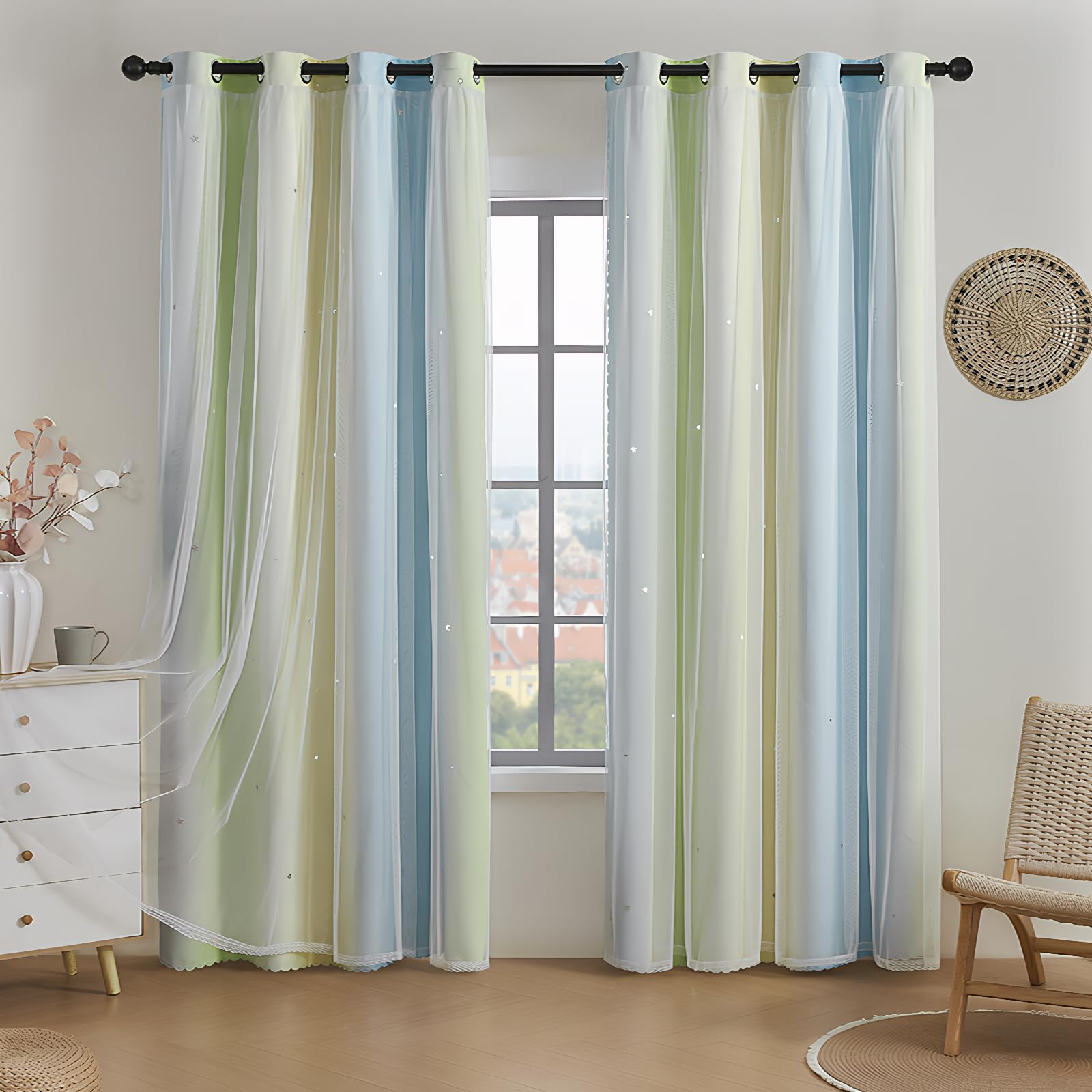 2 Panels Blackout Curtains for Bedroom,Double Layer Kids Curtain,Star Window Colorful Rainbow Curtain,Girl children Eyelet Curtains for Bedroom,Living Room,Nursery Room (Blue&Green&Yellow