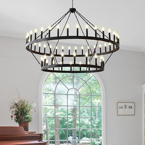 Miniatura 5 de Yikrfiae Lámpara de araña de rueda negra de 2 niveles 54 luces 60 pulgadas extra grande para casa de campo iluminación colgante redonda rústica para