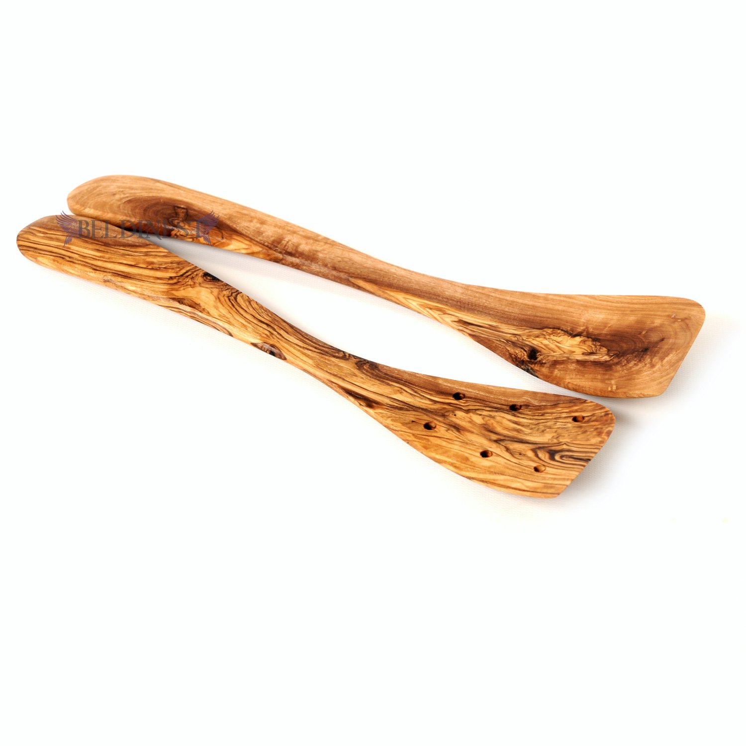 BeldiNest Drewno oliwkowe 30 cm przestrzenne zestaw 2 drewnianych narzędzi kuchennych, ręcznie rzeźbionych przyborów w zestawie: drewniane przebijane szpatułki, drewniana szpatułka | zestaw narzędzi kuchennych z drewna oliwkowego