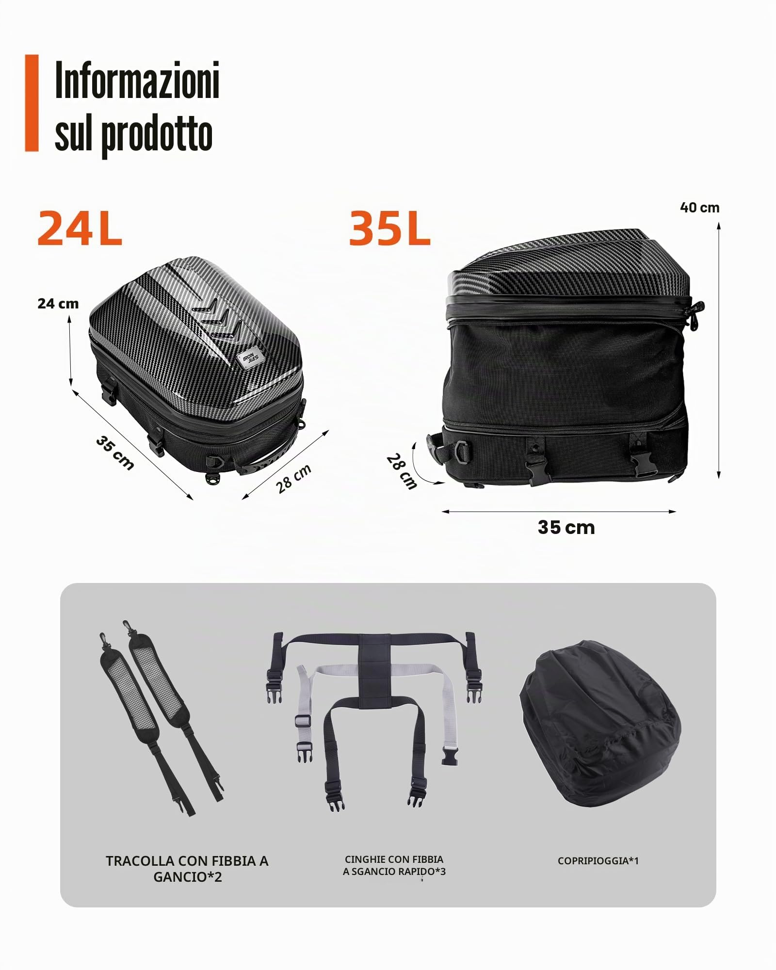 Grapelet borsa posteriore impermeabile per moto Custodia rigida ABS casco Spazio espandibile 24L-35L