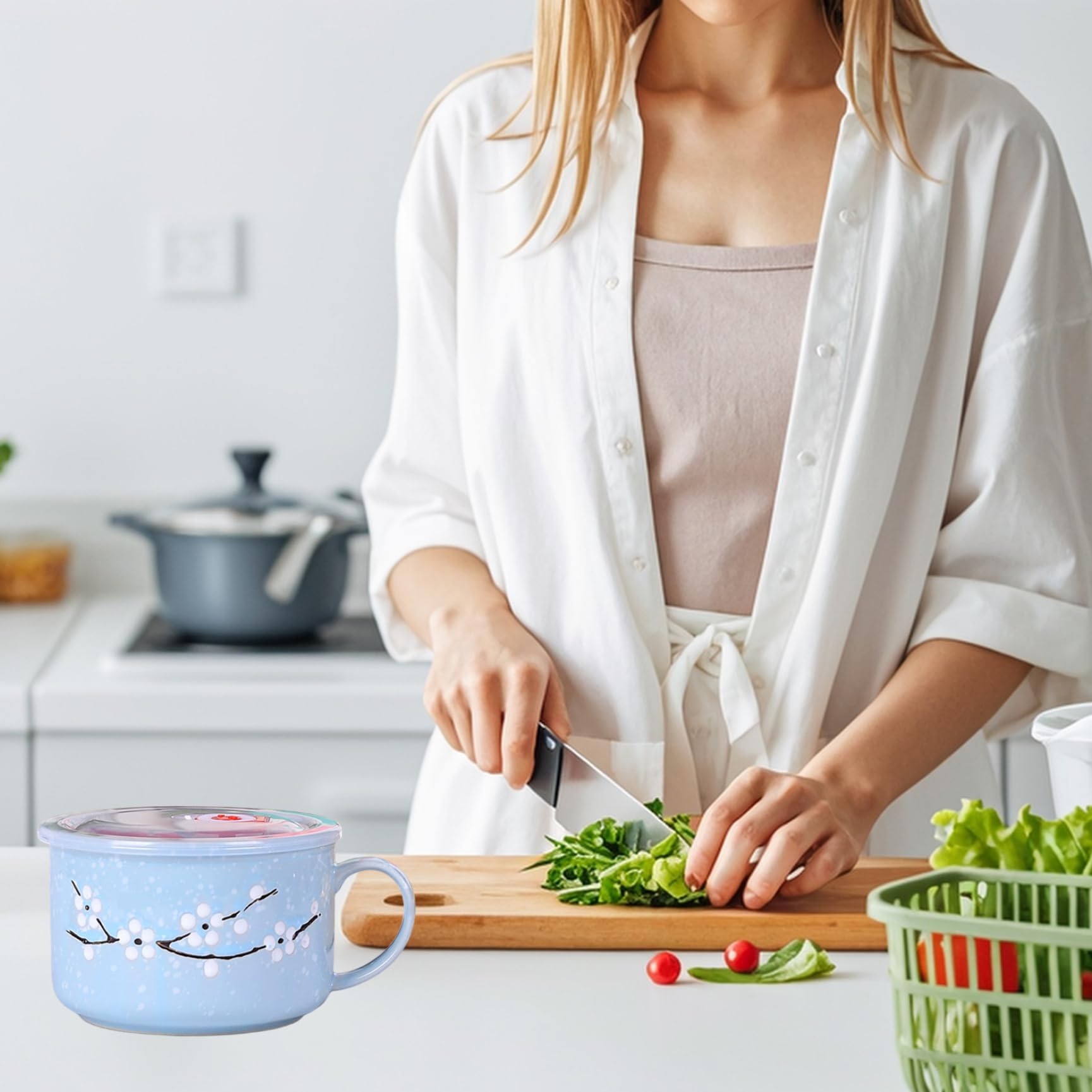 2 tazones de sopa con asas, taza de sopa de microondas resistente al calor con sellado de 800 ml / 28 oz con tapa Taza de viaje de cerámica floral invernal para ramen, fideos, gachas - Tazón de cer