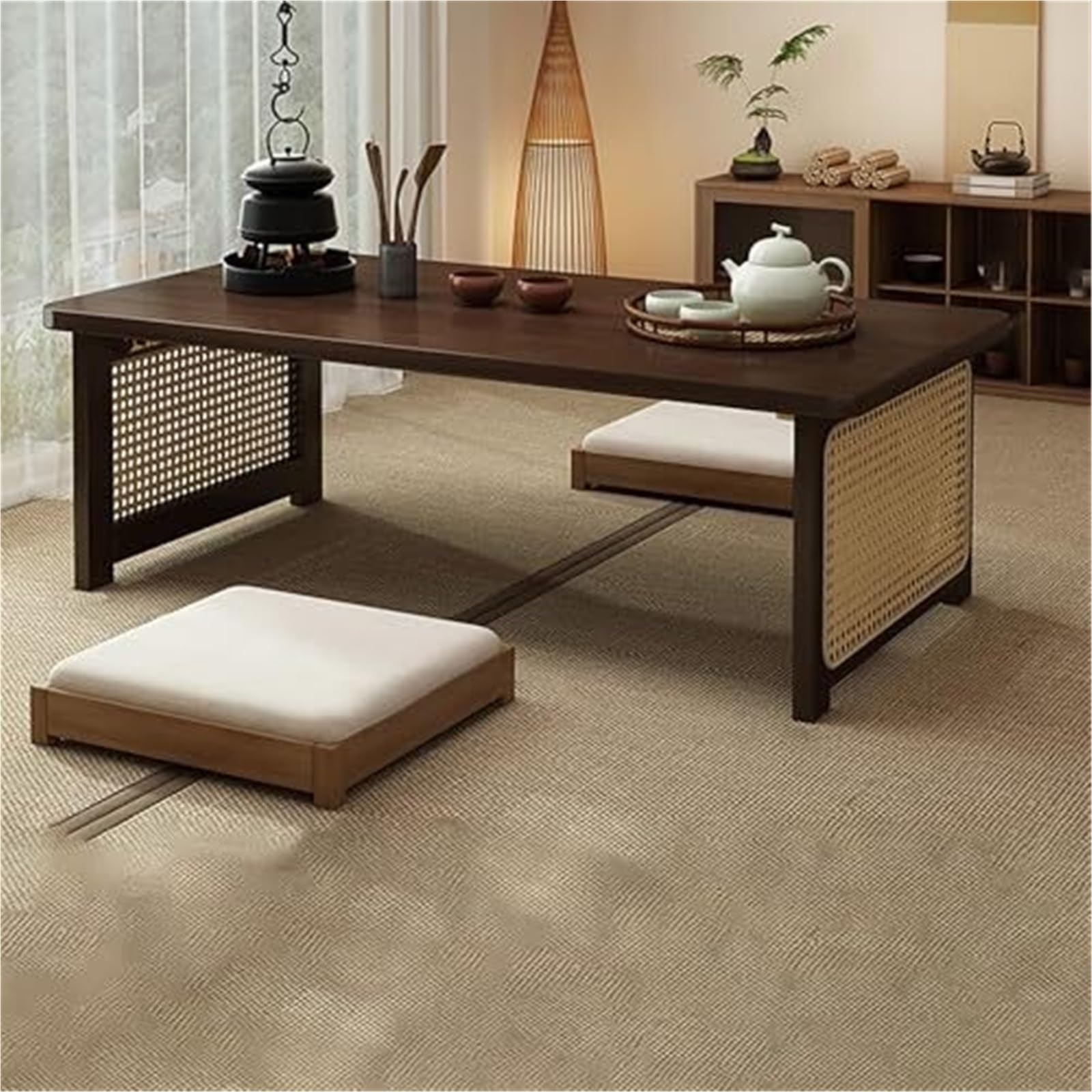 Table basse portable en bambou avec structure en rotin solide pour petit espace