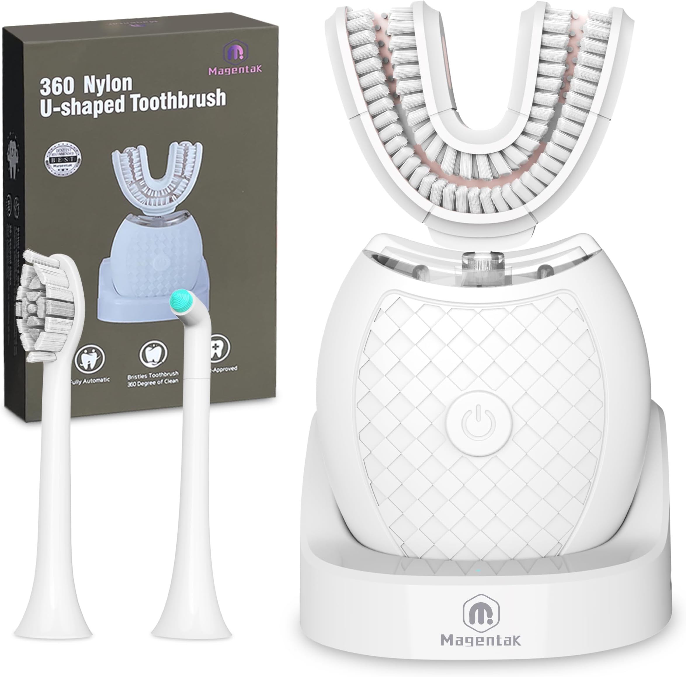 Electric U Shaped Toothbrush for Adult,360 Degree Automatic Cleaning, Ultrasonic Tooth Brush has 23760 Nylon Bristles and 3 Modes Standard, Fast, Ultra Fast(White)