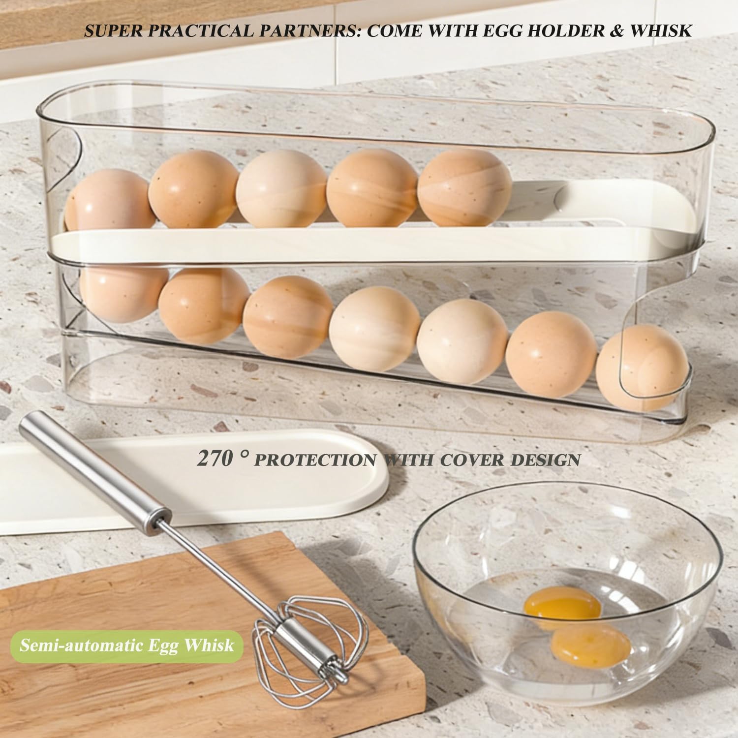 Clear Egg Holder for Fridge, Auto Rolling Egg Dispenser for Refrigerator, Space-Saving Egg Roller, FIFO System, Stackable Fridge Organizer with Storage for Kitchen Countertop (Clear)