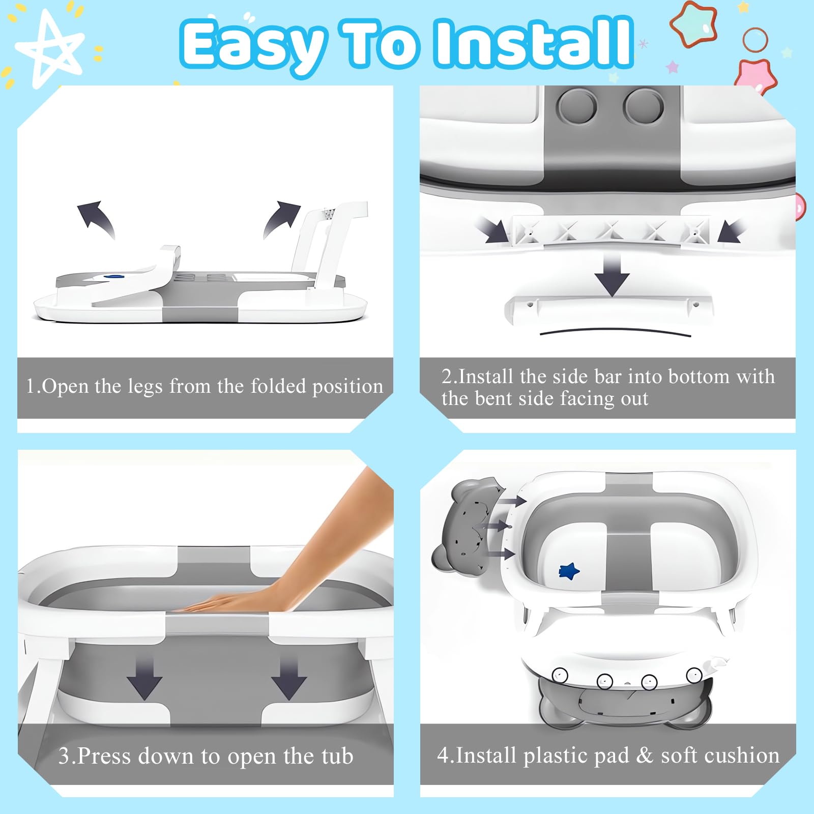 Bañera Bebé Plegable con Termómetro Integrado, Bañera Portátil Ergonómica con Patas Antideslizantes, Bañera Infantil Compacta para Recién Nacidos, Ahorro de Espacio para Casa y Viaje (Gris)
