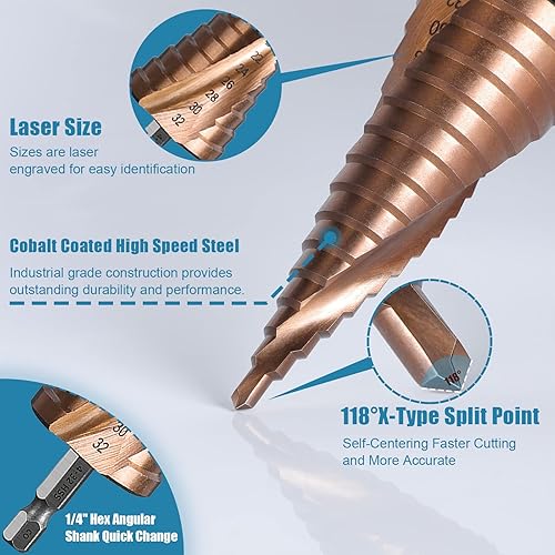 Miniatura 3 de Broca escalonada, HSS M35 - Juego de brocas escalonadas métricas de cobalto al 5 % (4 a 0.787 in), broca escalonada de 9 tamaños para destornillador