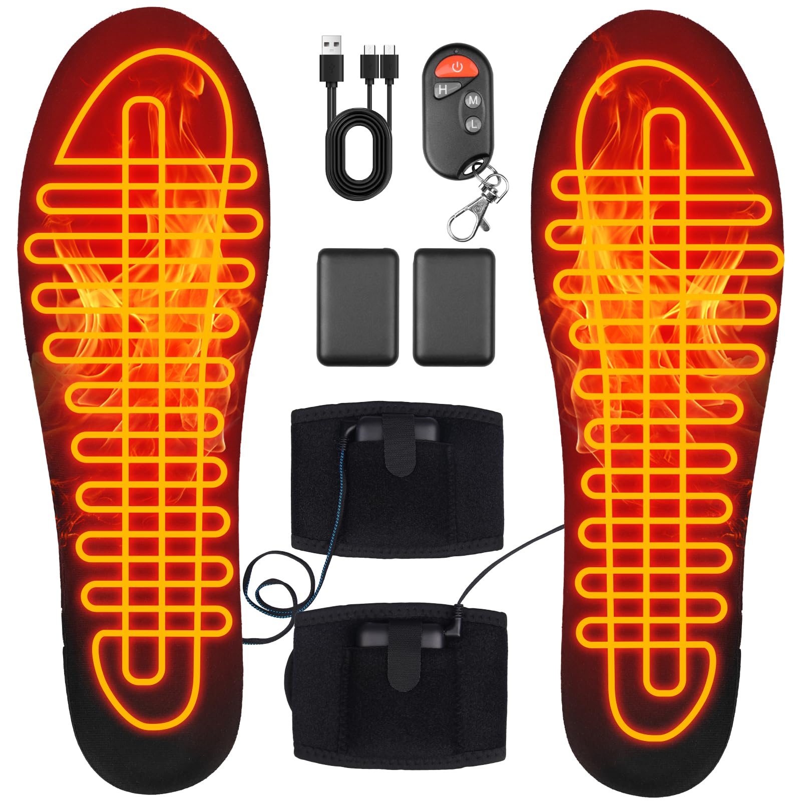 Semelle Chauffante USB Hommes Femmes avec Batterie Externe et Télécommande, 3 Niveaux Découpable Lavable Semelles Thermique Chauffantes Rechargeable pour Chasse Camping Ski