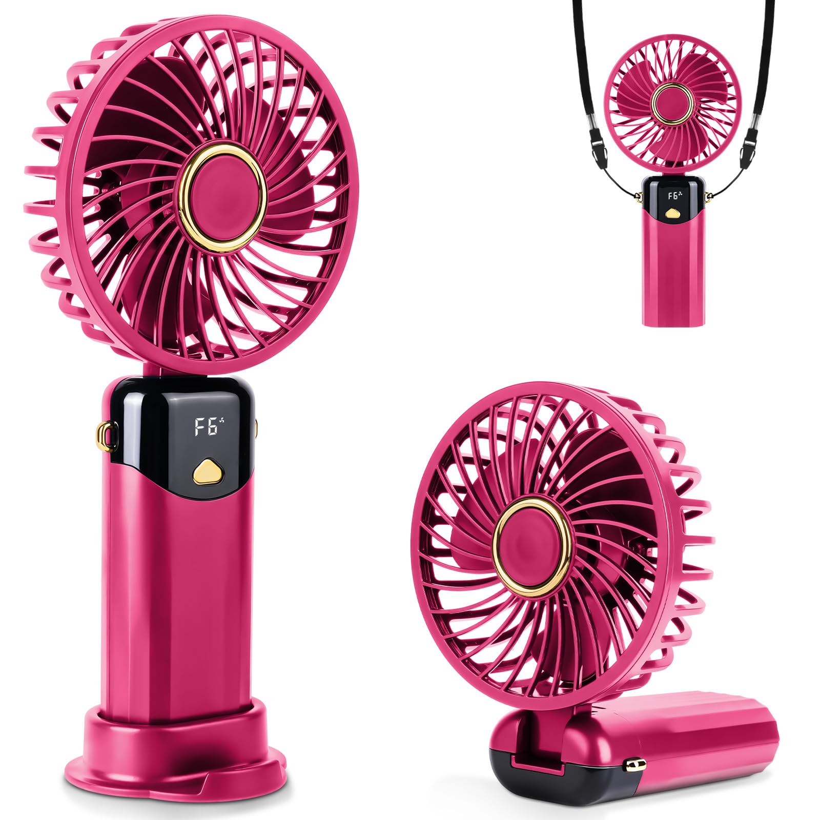 AUAUY Portable Handheld Fan, USB Rechargeable Hand Held Fan with 6 Speeds, Folding Hand Fan with Digital Display, Desktop Fans with Base for Home Office Makeup Bedroom Outdoor Travel, Rose Red