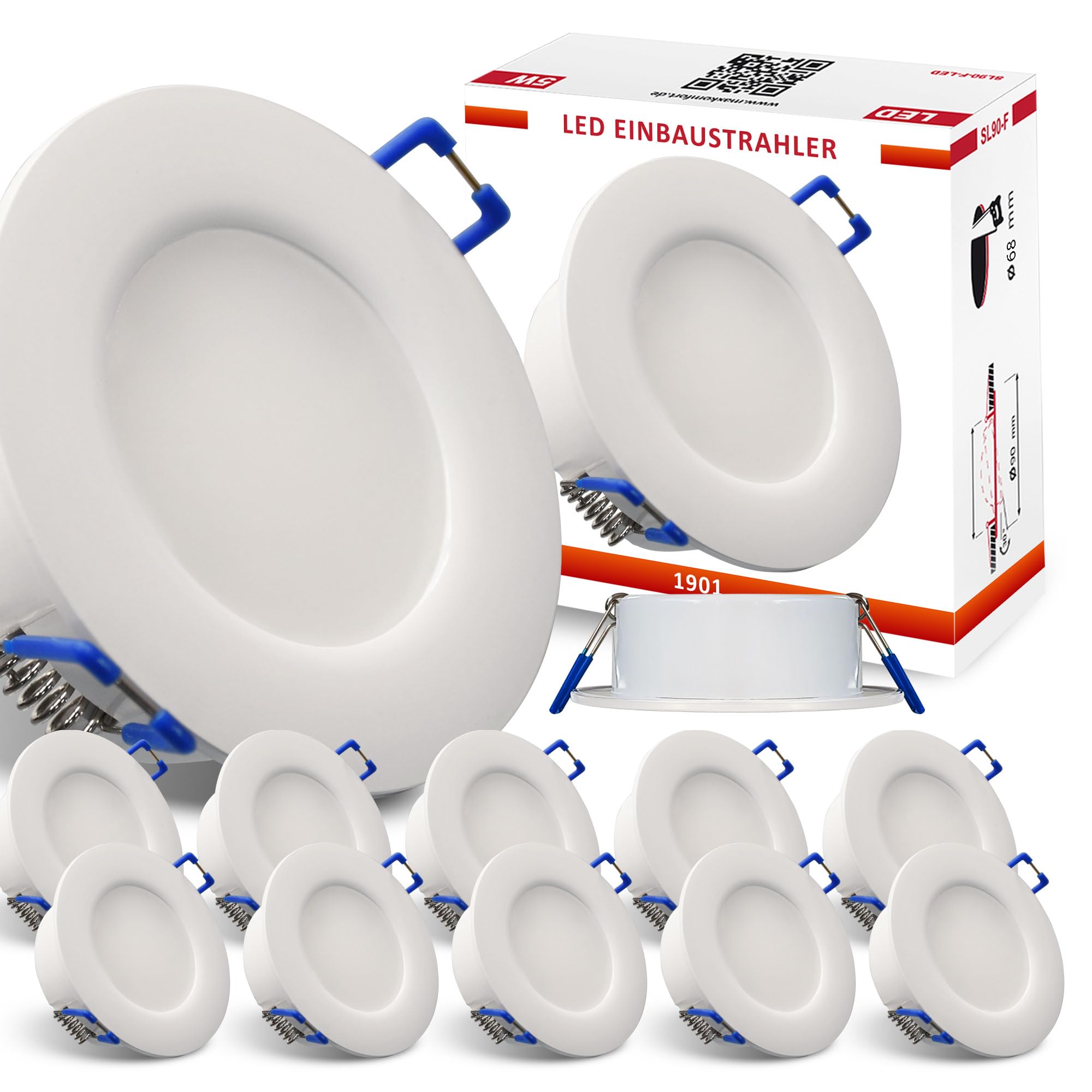 Maxkomfort 12x IP44 LED Bad Einbaustrahler 230V sehr flach 5,5W RUND Einbauspot Einbauleuchte Einbaulampe Deckenlampe Deckenstrahler Dusche