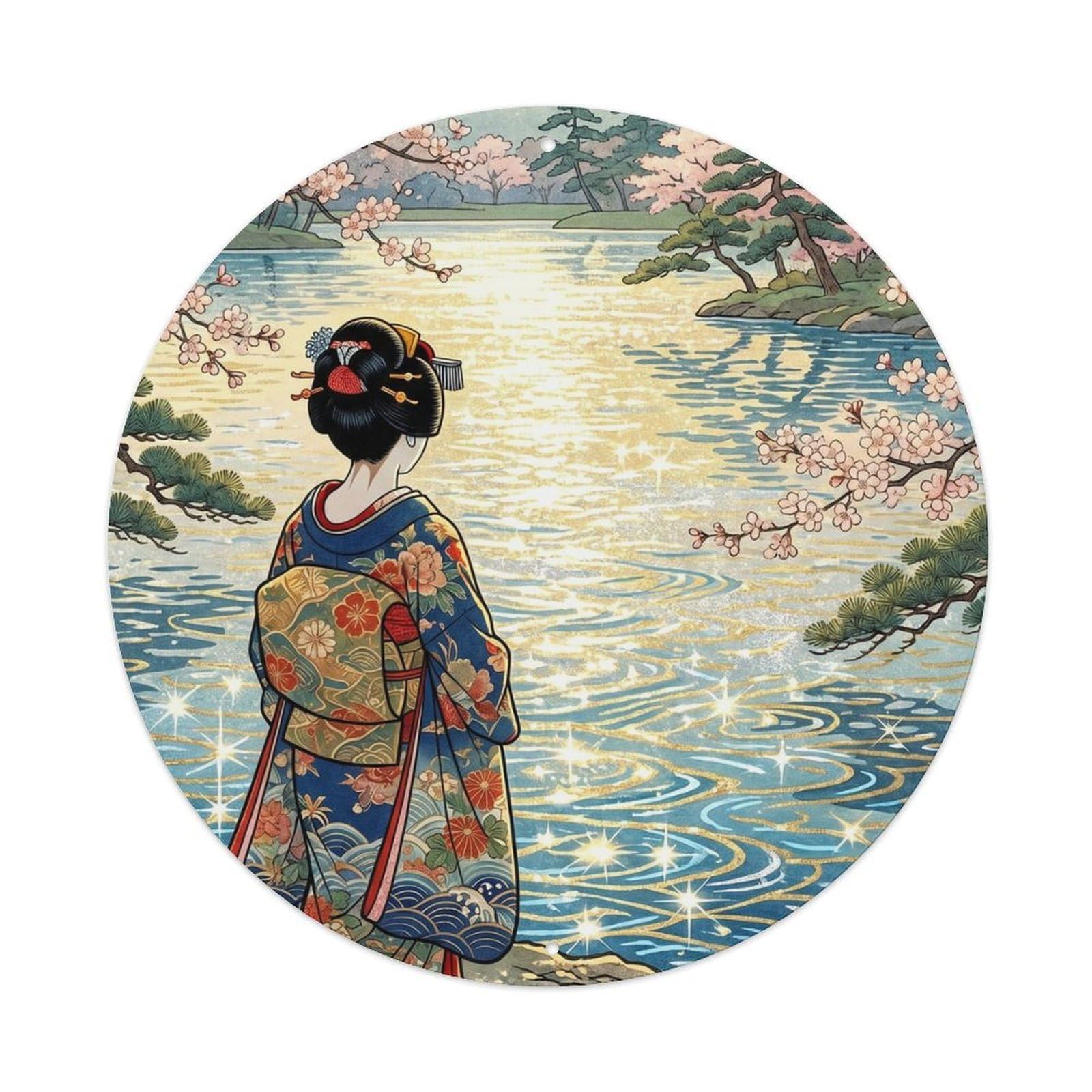 Okahys 8X8inch(20X20cm) Japanese Lake Sparkling Sunlight Geisha Scene Metal Tin Sign