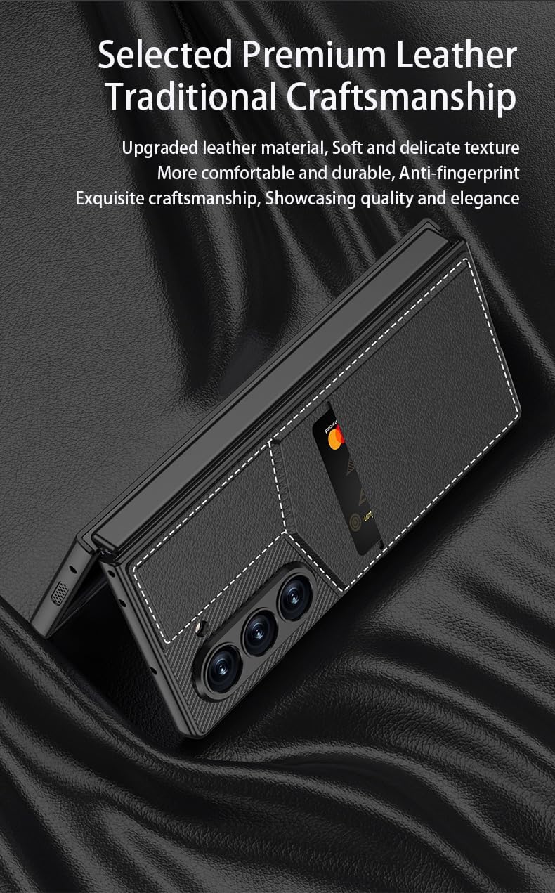 SHIEID Galaxy Z Fold 6 Case with Card Holder Ultra Thin Shockproof Z Fold6 Case with Rotating Wing Stand, Premium Leather Protective Cover for Z Fold 6 for Women and Men, Carbon Fiber Texture