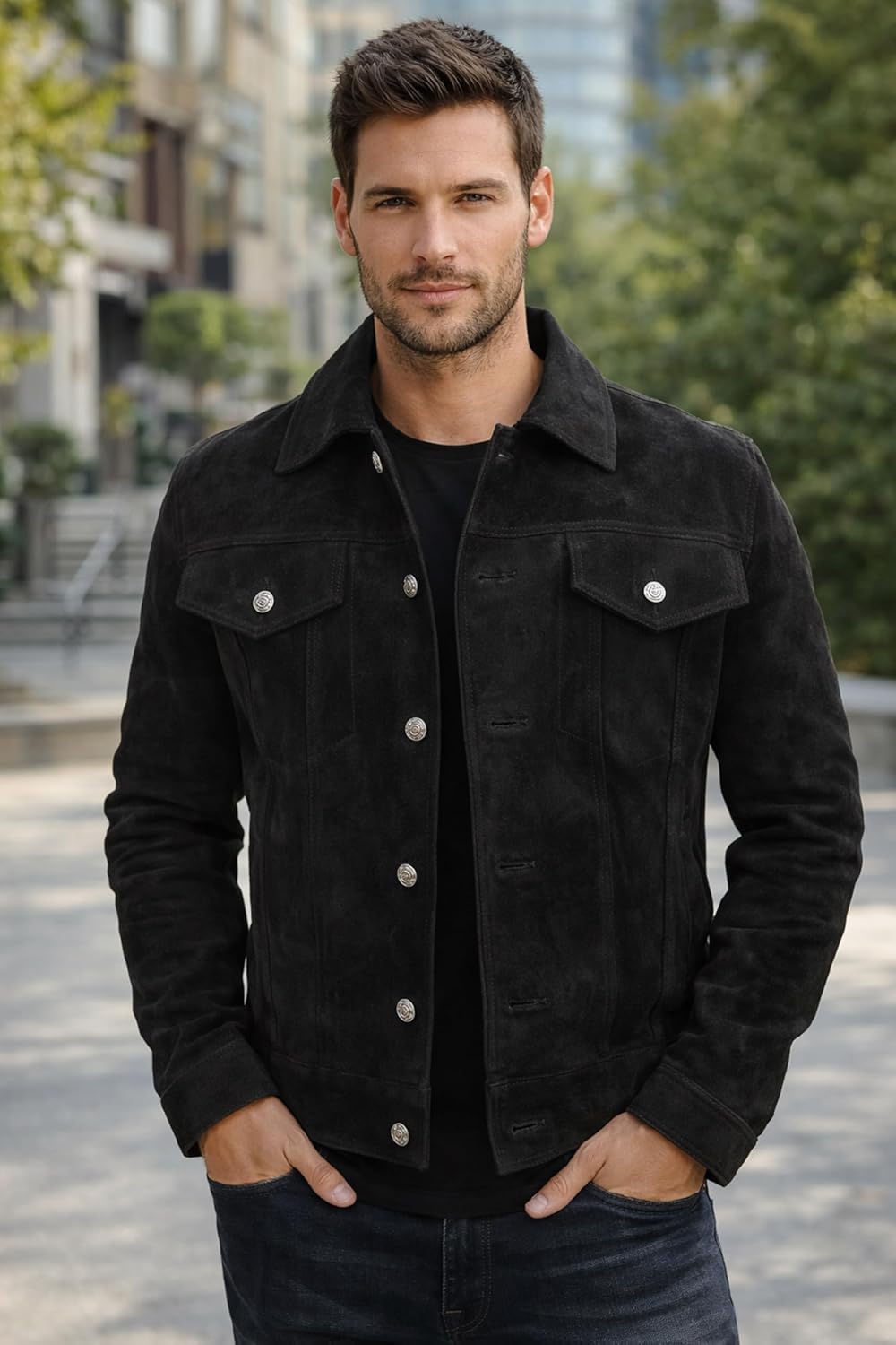 LP-FACON Mens Trucker Suede Leather Jacket - Western Style Cowboy Jacket Collection - Image 2