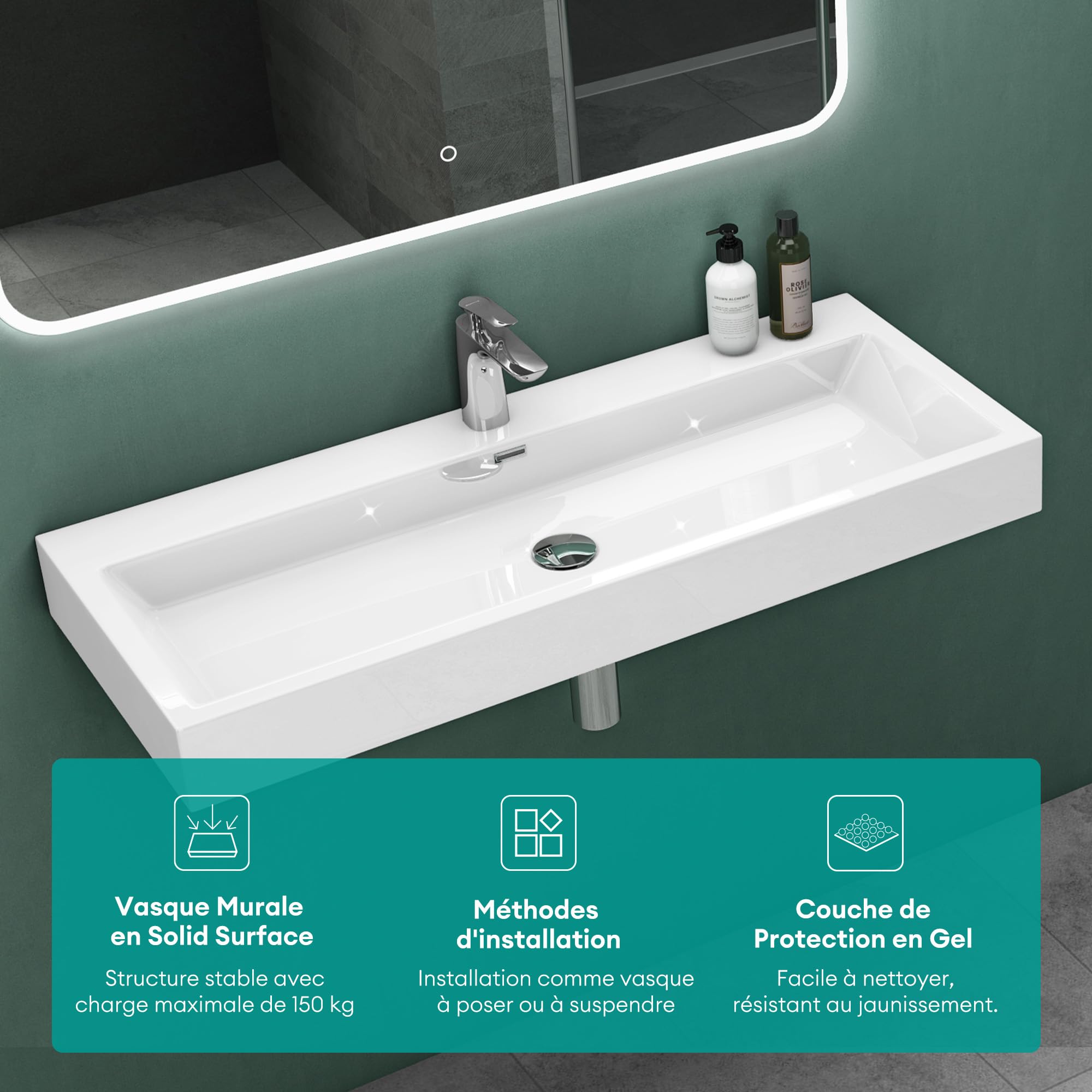 Mai & Mai Lavabo Suspendu Blanc Vasque à Poser 76,5cm Lave Mains Rectangulaire avec Tropl Plein Col06 76,5x42x10cm