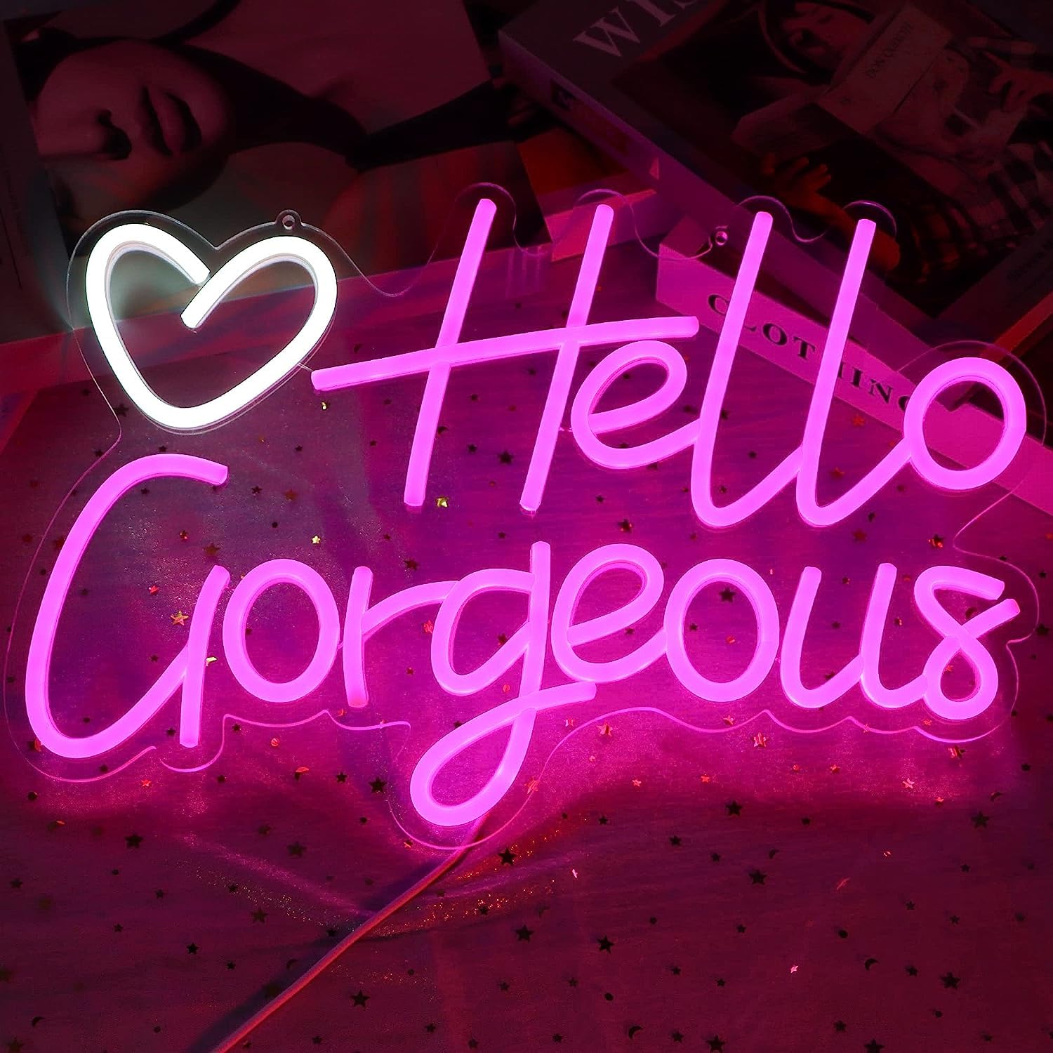 Hello Gorgeous Neon Light for Wall Decor Night Light, Pink LED Neon White Heart Decorative Neon Wall Light for Girls Room Holiday Party Romantic Wedding Decor USB Power Supply 5V
