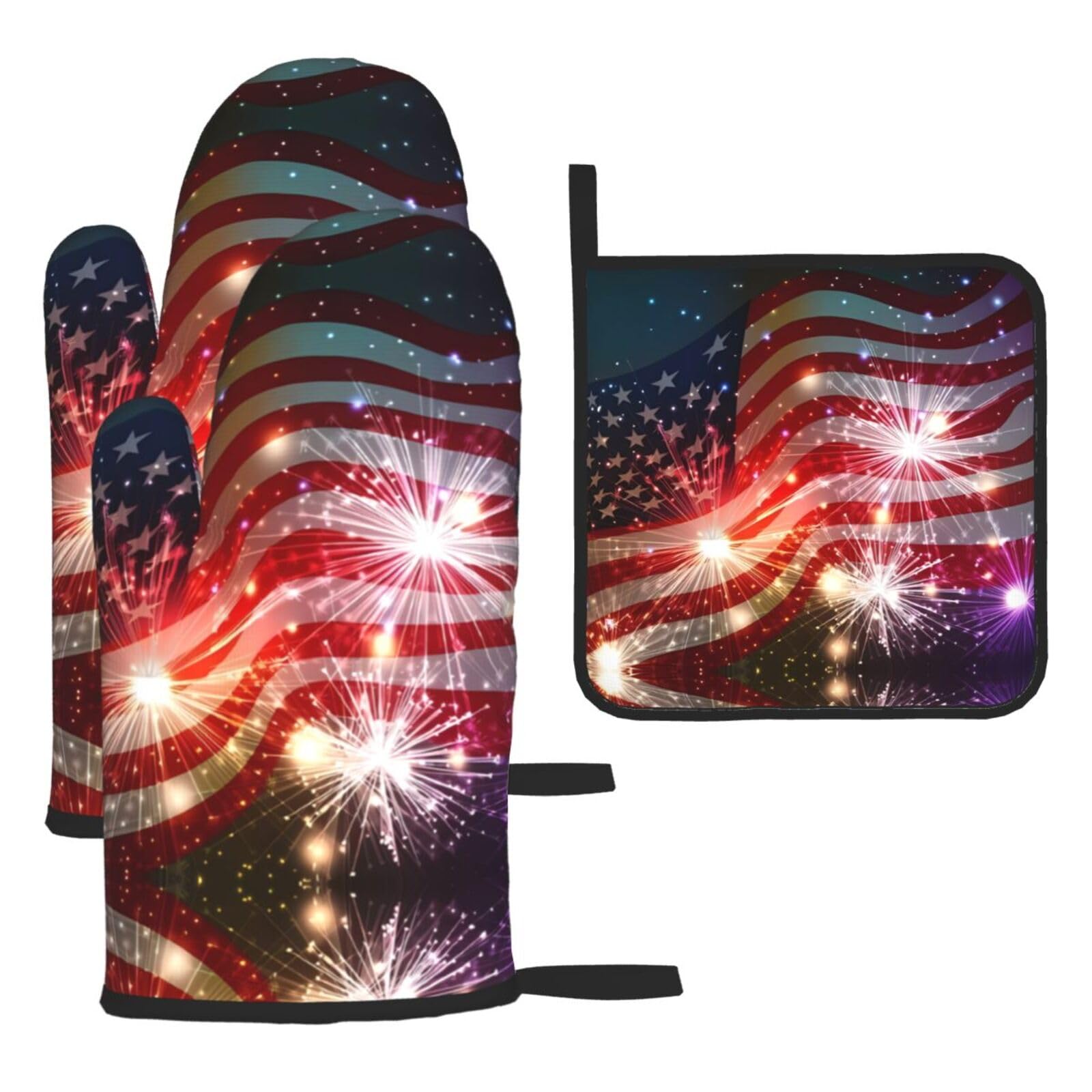Firework American Flag Bright Printed Kitchen Oven Mitt Set 3-Piece Heat Resistant Gloves with Pot Holder Mat for Cooking Baking BBQ